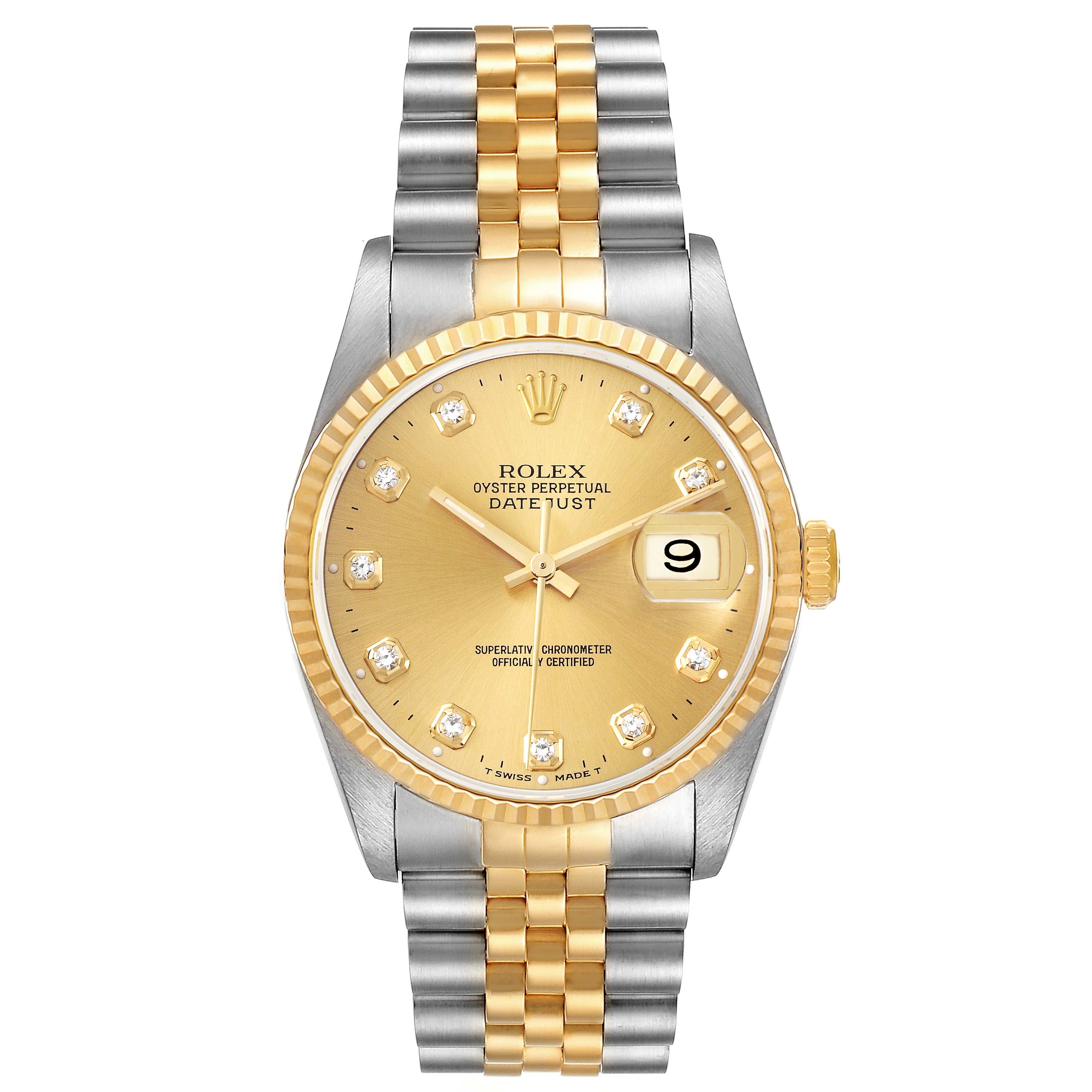 The Rolex Datejust 16233 Men
s Steel and Gold (two tone) Champagne Dial 16233 Men
s Steel and Gold (two tone) Champagne Dial watch is shown from the front, displaying its gold dial, two-tone bracelet, and date window.