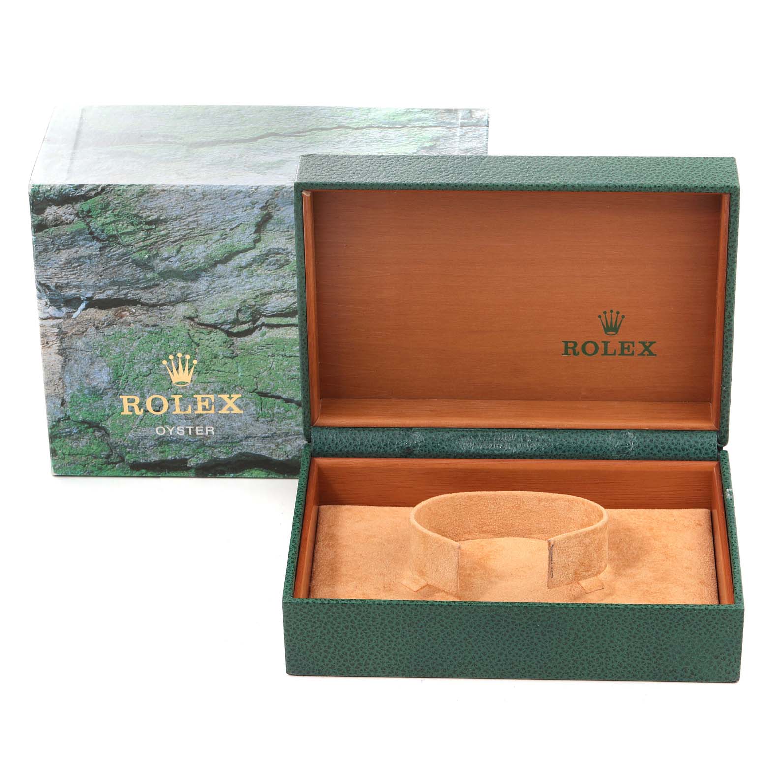 The image shows an open Rolex Datejust 16233 Men
s Steel and Gold (two tone) Champagne Dial 16233 Men
s Steel and Gold (two tone) Champagne Dial watch box with a green exterior and brown interior, alongside its outer protective box.