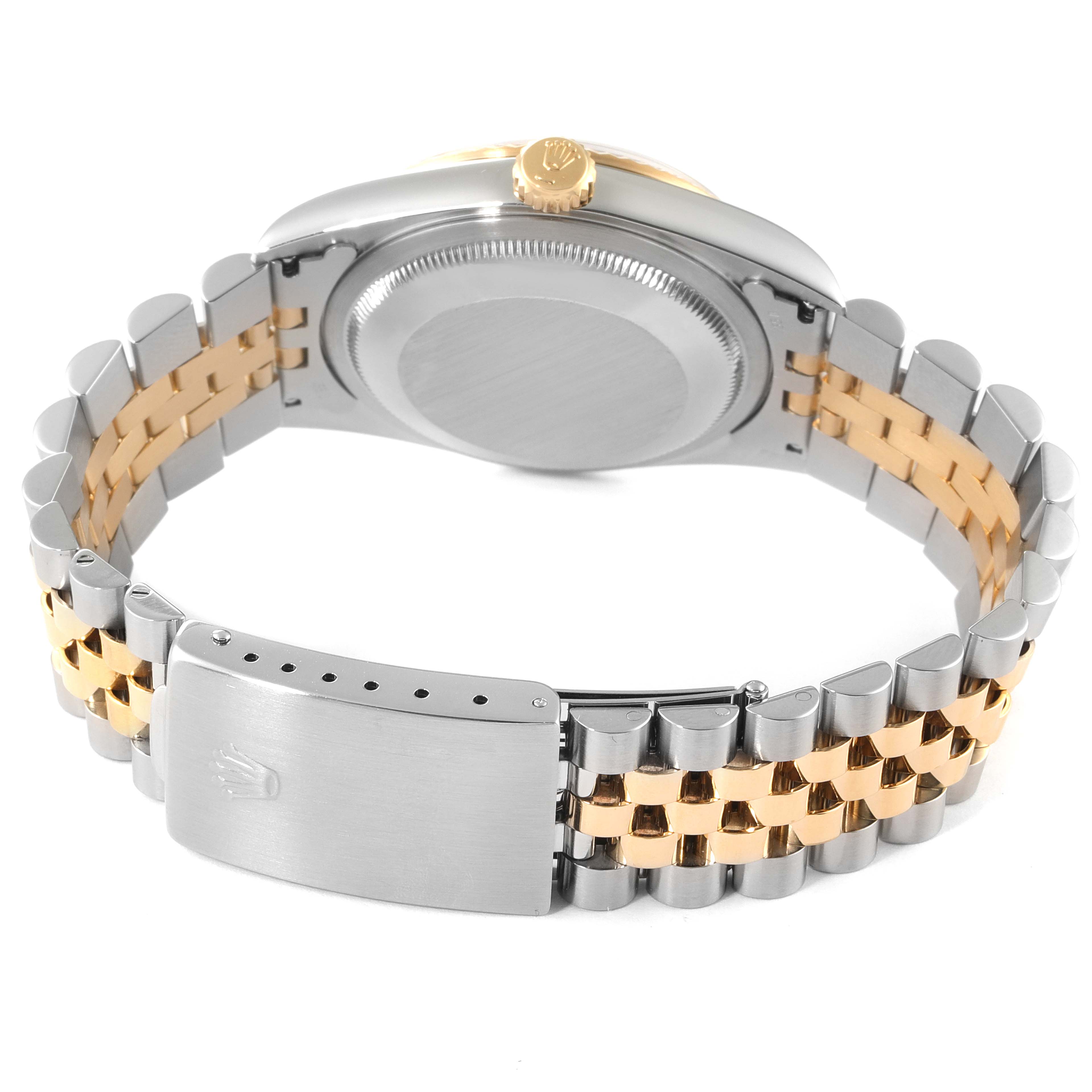 This image shows the case back, crown, and bracelet of the Rolex Datejust 16233 Men
s Steel and Gold (two tone) Champagne Dial 16233 Men
s Steel and Gold (two tone) Champagne Dial watch from a rear angle.