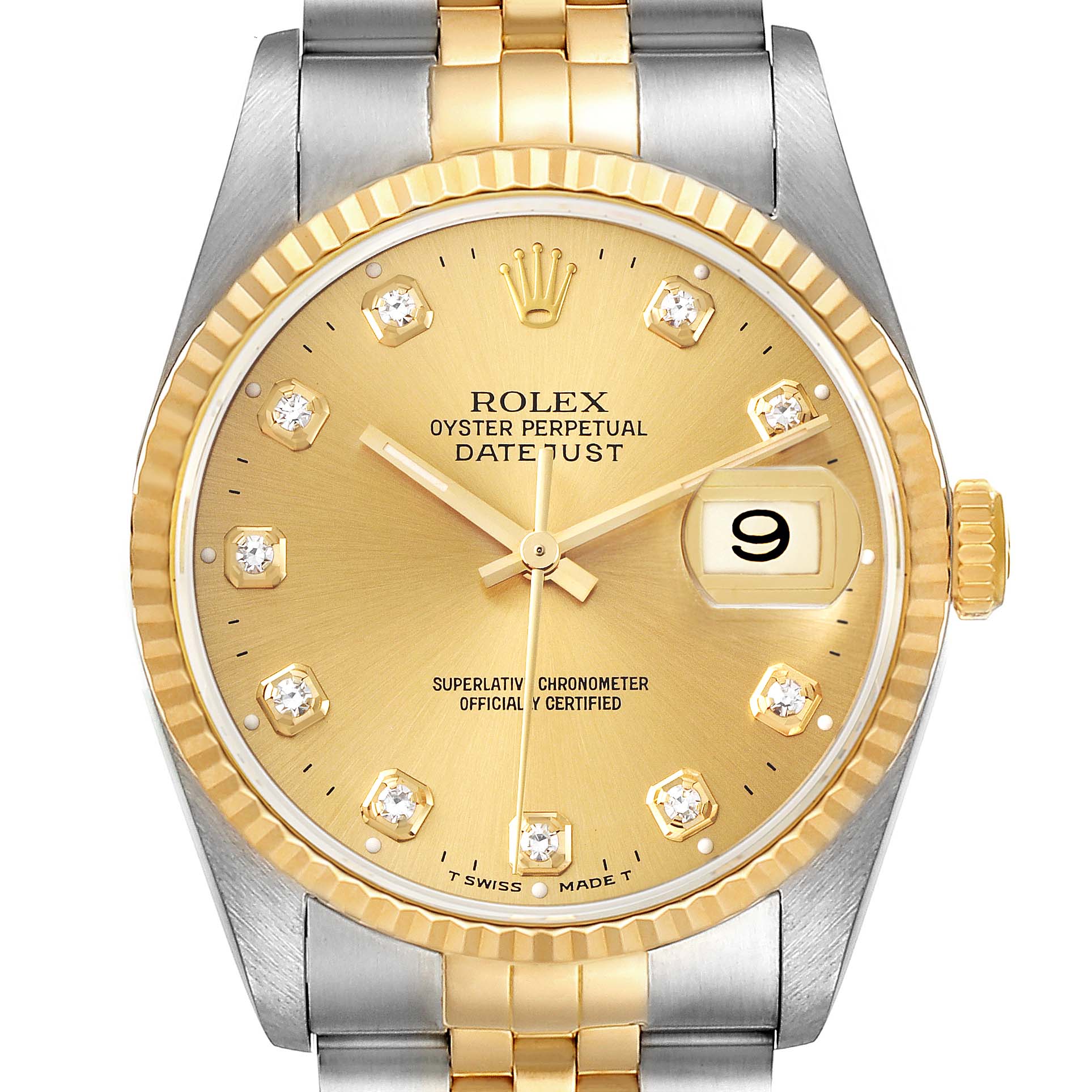 The image shows a front view of the Rolex Datejust 16233 Men
s Steel and Gold (two tone) Champagne Dial 16233 Men
s Steel and Gold (two tone) Champagne Dial watch, showcasing the dial, hands, date window, and part of the bracelet.