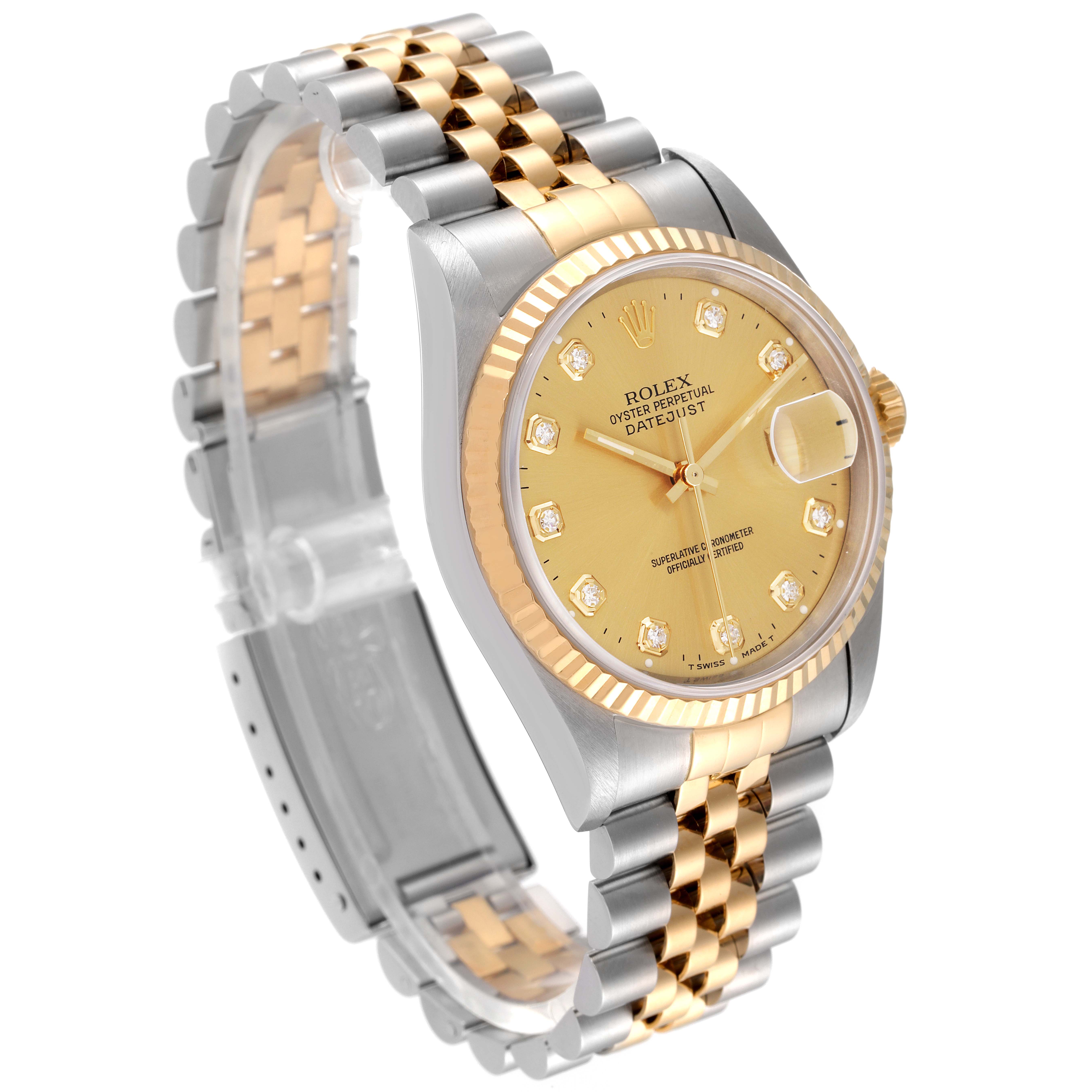 The Rolex Datejust 16233 Men
s Steel and Gold (two tone) Champagne Dial 16233 Men
s Steel and Gold (two tone) Champagne Dial watch is shown at a slight angle, highlighting its gold dial, two-tone bracelet, and fluted bezel.