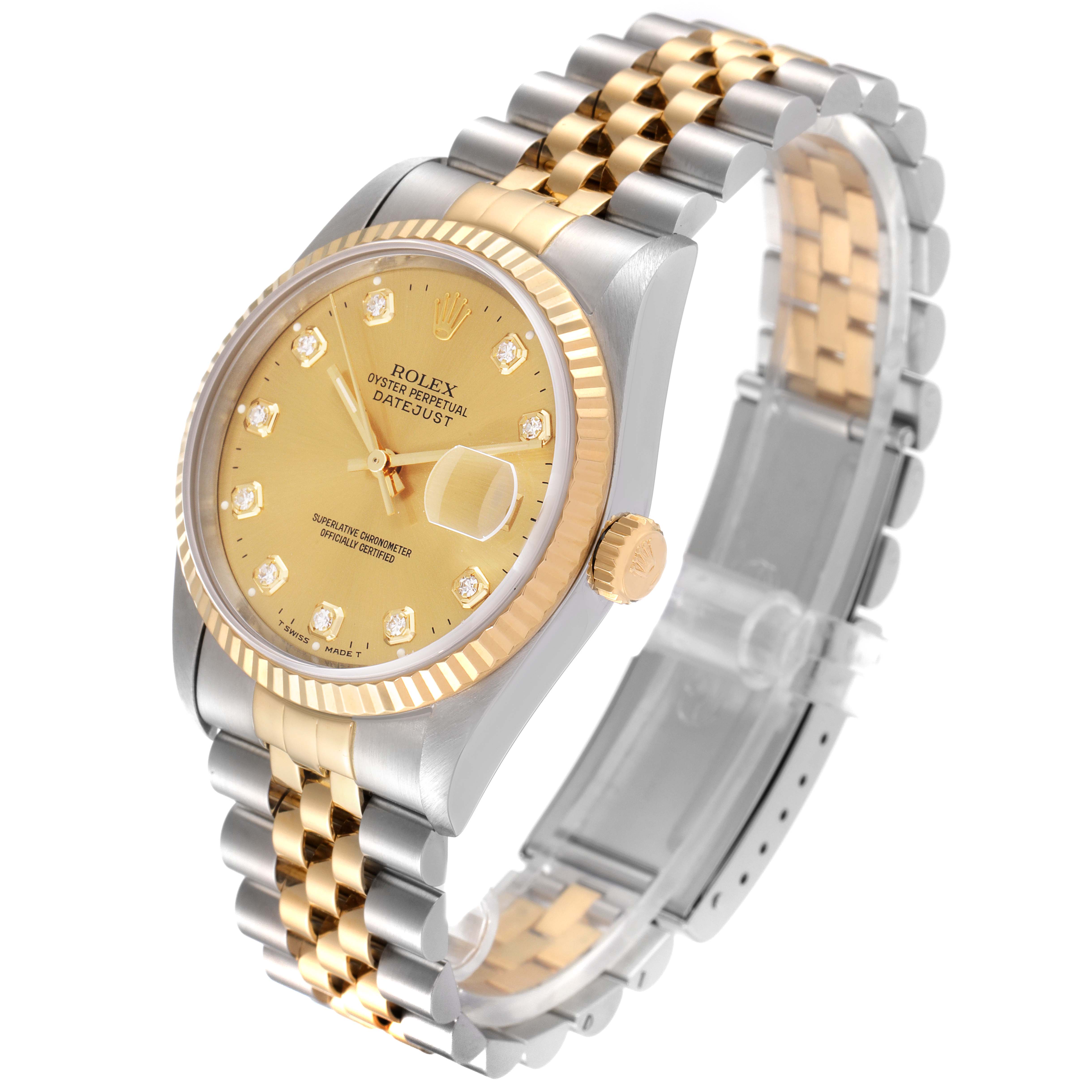 The image shows a Rolex Datejust 16233 Men
s Steel and Gold (two tone) Champagne Dial 16233 Men
s Steel and Gold (two tone) Champagne Dial watch at a three-quarter angle, highlighting the bezel, dial, and jubilee bracelet.