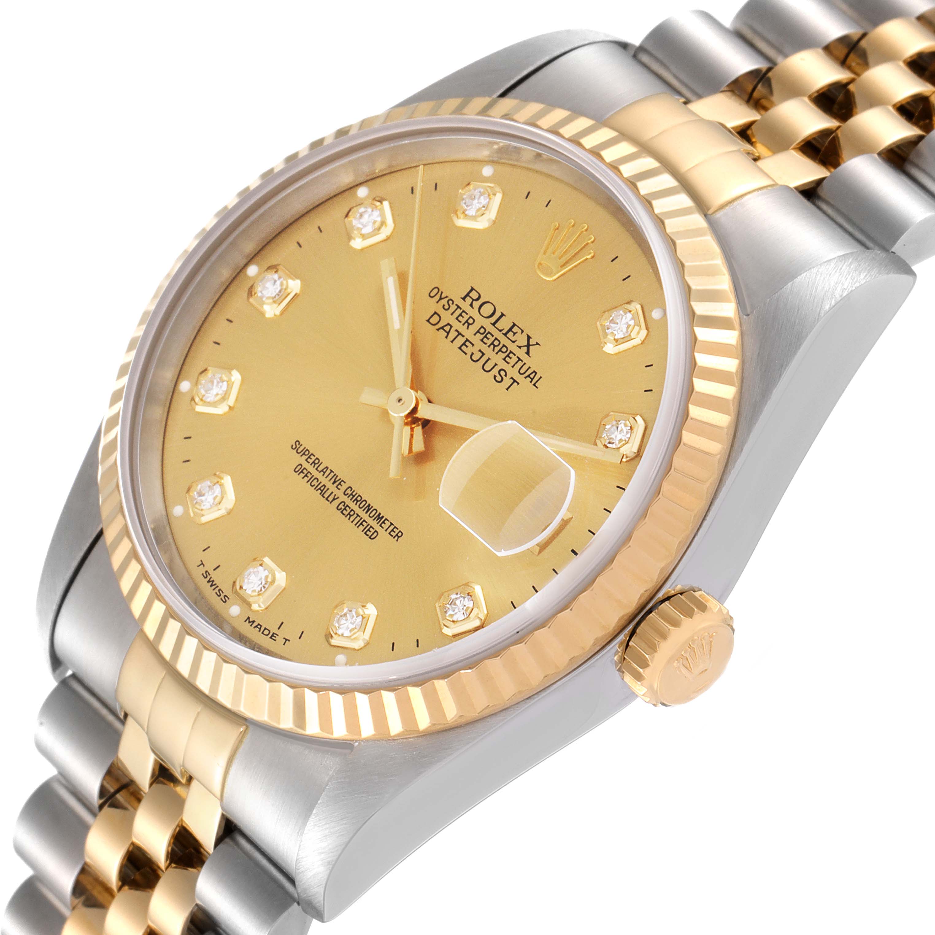 The Rolex Datejust 16233 Men
s Steel and Gold (two tone) Champagne Dial 16233 Men
s Steel and Gold (two tone) Champagne Dial watch is shown at an angle showcasing its gold and silver band, dial with diamond markers, and magnified date display.