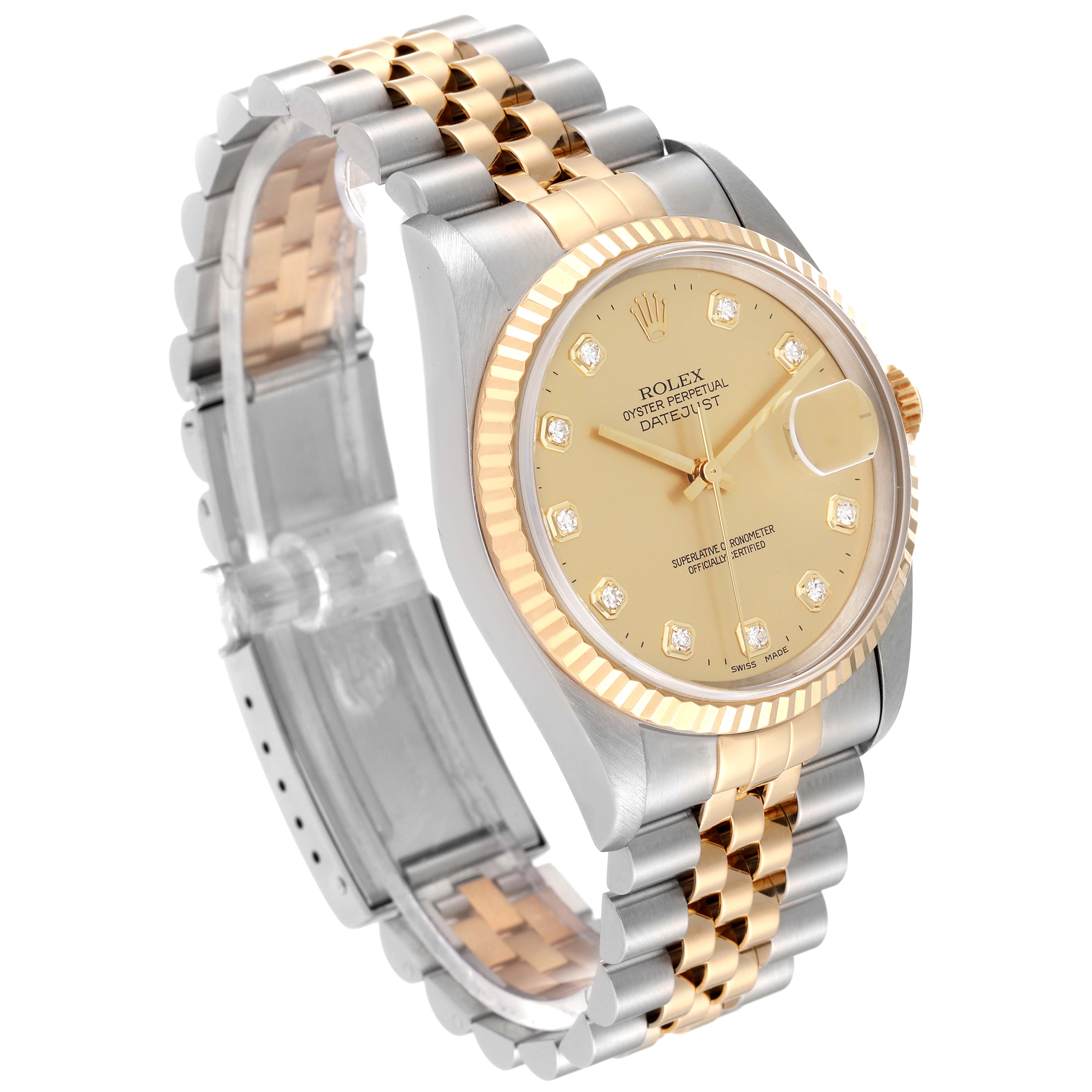 The image shows a slight side angle of a Rolex Datejust 16233 Men's Steel and Gold (two tone) Champagne Dial 16233 Men's Steel and Gold (two tone) Champagne Dial, highlighting its two-tone bracelet, fluted bezel, and champagne dial with diamond markers.