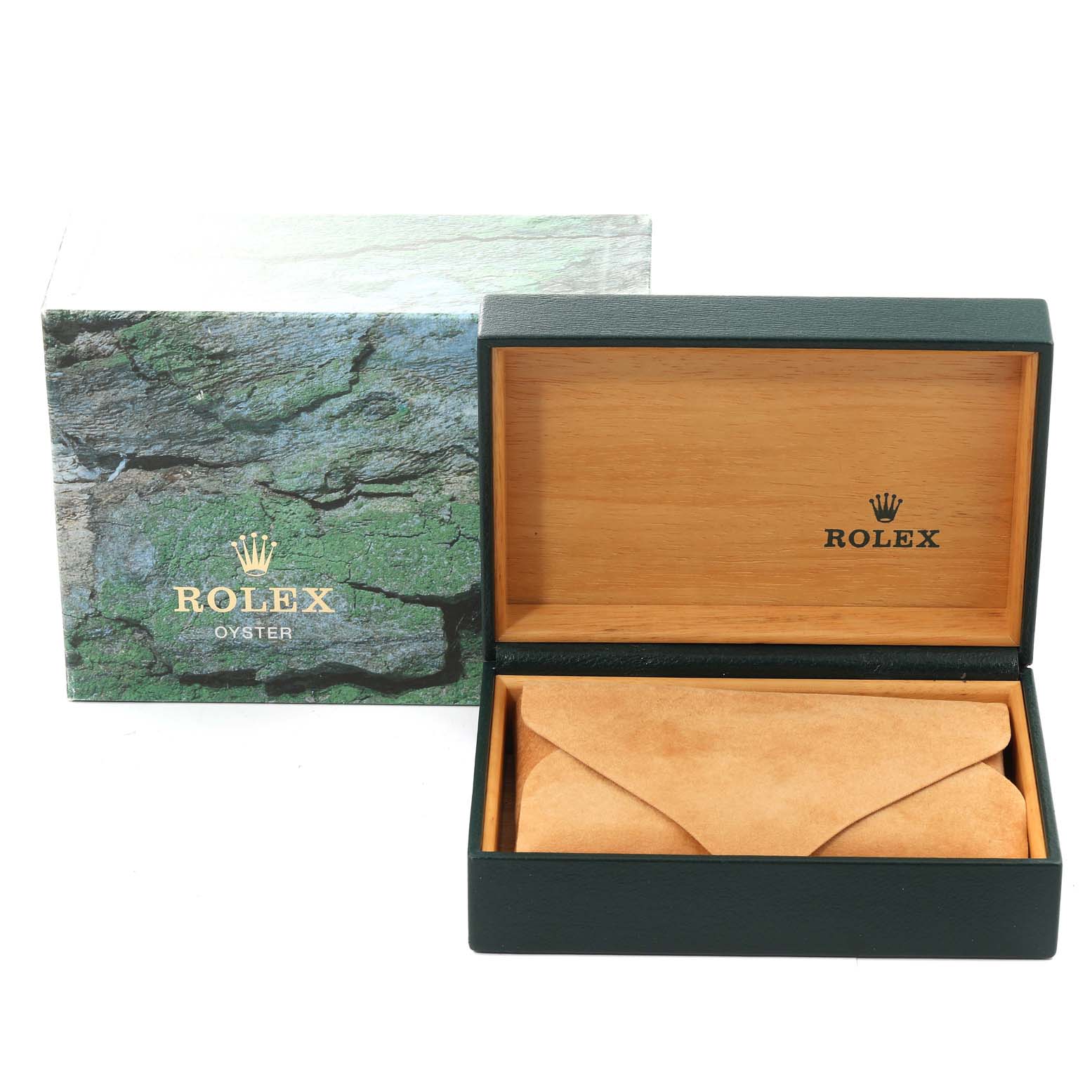 The image shows an open Rolex box with an outer cardboard box and an interior leather pouch, related to the Rolex Datejust 16233 Men's Steel and Gold (two tone) Champagne Dial 16233 Men's Steel and Gold (two tone) Champagne Dial model.