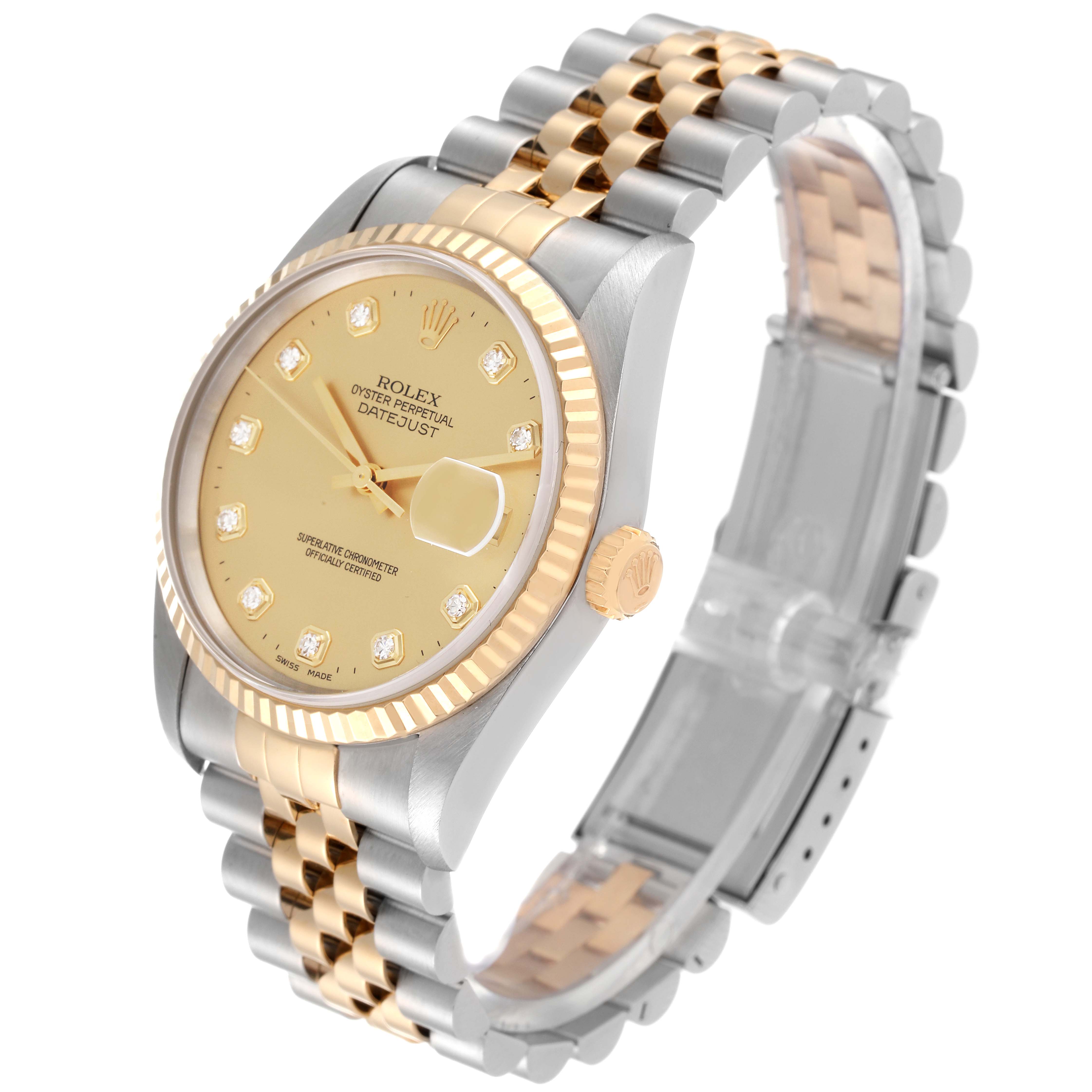 The image shows a front and right side angle of the Rolex Datejust 16233 Men's Steel and Gold (two tone) Champagne Dial 16233 Men's Steel and Gold (two tone) Champagne Dial, highlighting the dial, bezel, crown, and Jubilee bracelet.
