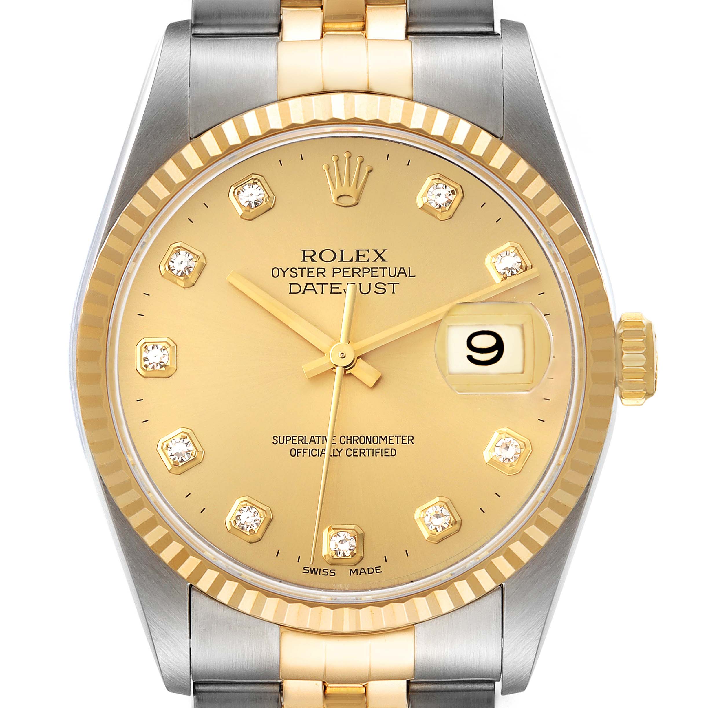 This is a close-up view of a Rolex Datejust 16233 Men's Steel and Gold (two tone) Champagne Dial 16233 Men's Steel and Gold (two tone) Champagne Dial watch, showing the dial, hands, date window, crown, and part of the bracelet.