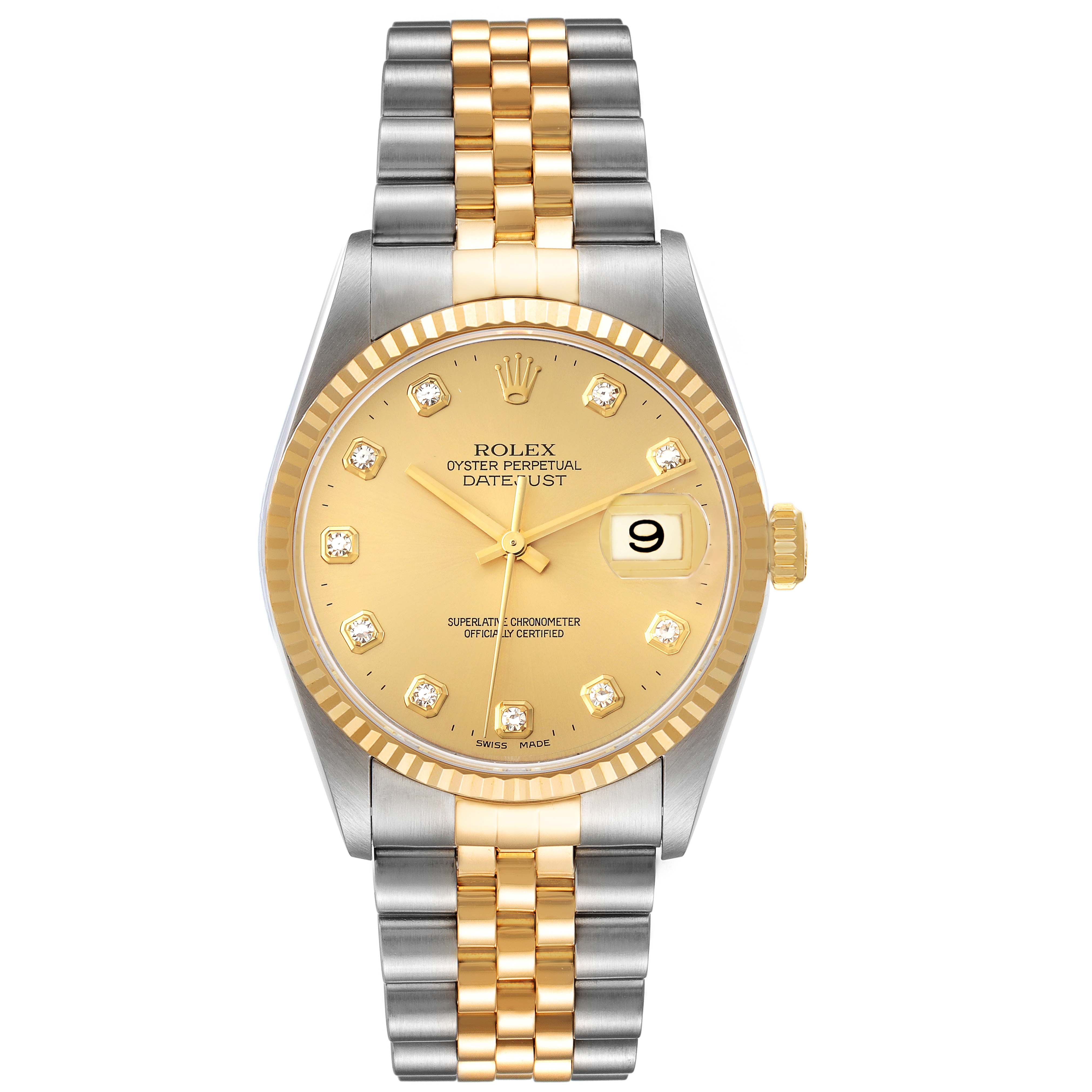 This Rolex Datejust 16233 Men's Steel and Gold (two tone) Champagne Dial 16233 Men's Steel and Gold (two tone) Champagne Dial watch is shown from the front, displaying its face, bezel, and two-tone bracelet.