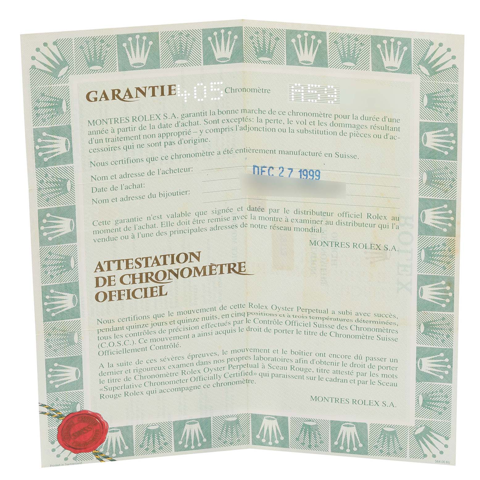 This image shows the warranty and official chronometer certification for the Rolex Datejust 79173 Women's Steel and Gold (two tone) Champagne Dial 79173 Women's Steel and Gold (two tone) Champagne Dial watch model.