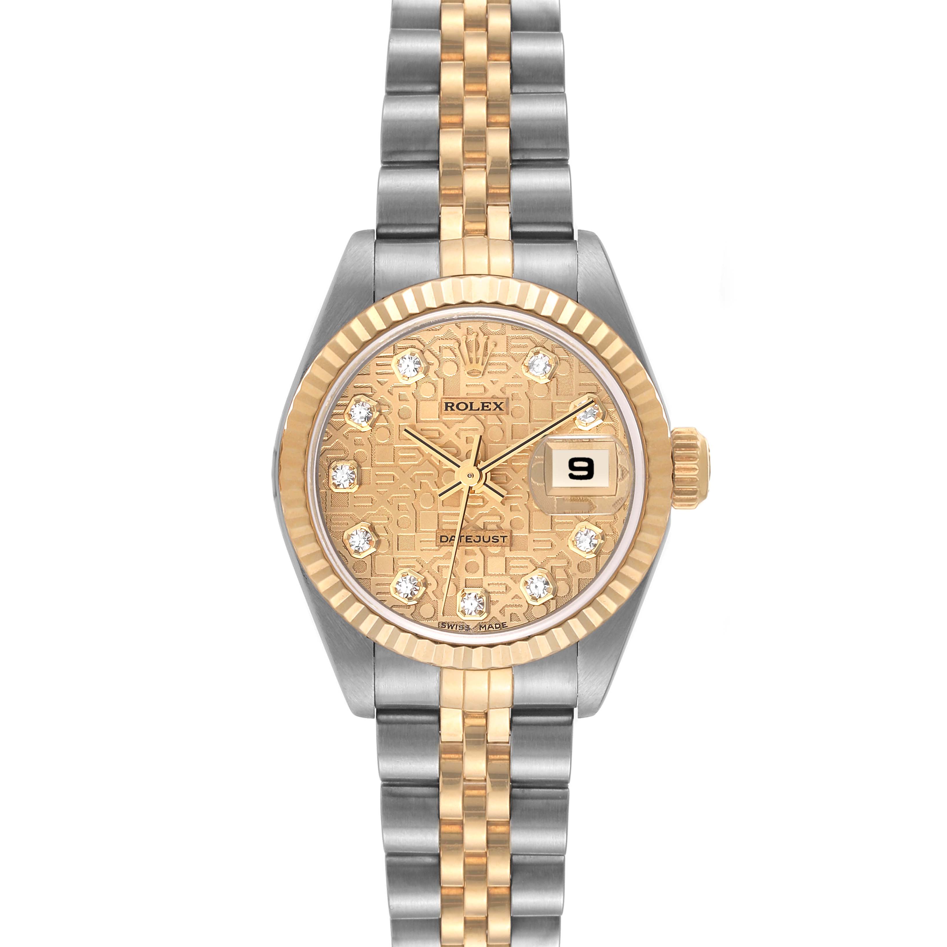This is a front view of a Rolex Datejust 79173 Women's Steel and Gold (two tone) Champagne Dial 79173 Women's Steel and Gold (two tone) Champagne Dial watch, showing the face, bezel, and two-tone bracelet.