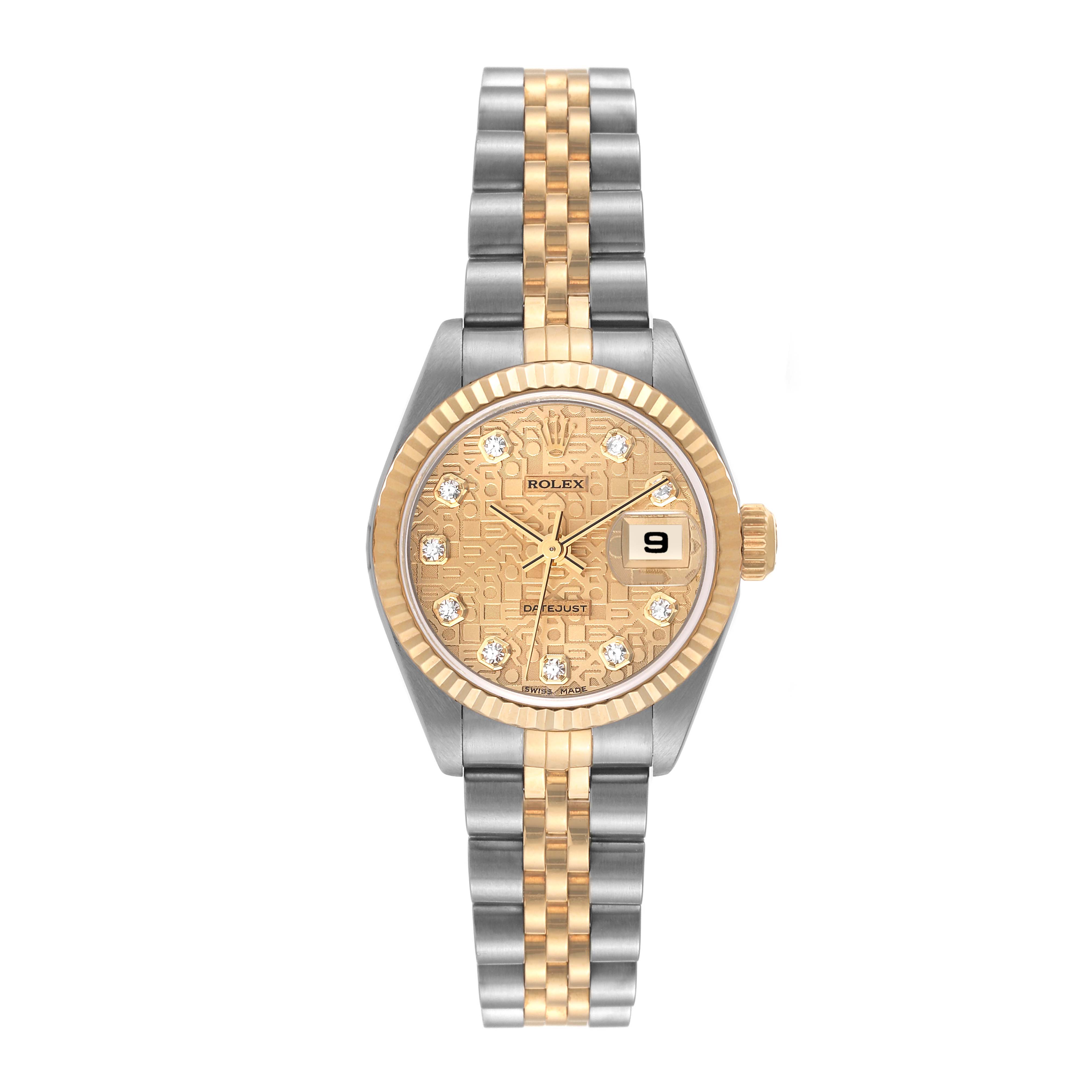 The image shows a Rolex Datejust 79173 Women's Steel and Gold (two tone) Champagne Dial 79173 Women's Steel and Gold (two tone) Champagne Dial watch viewed from the front, featuring a gold and silver Jubilee bracelet and a diamond-accented dial.