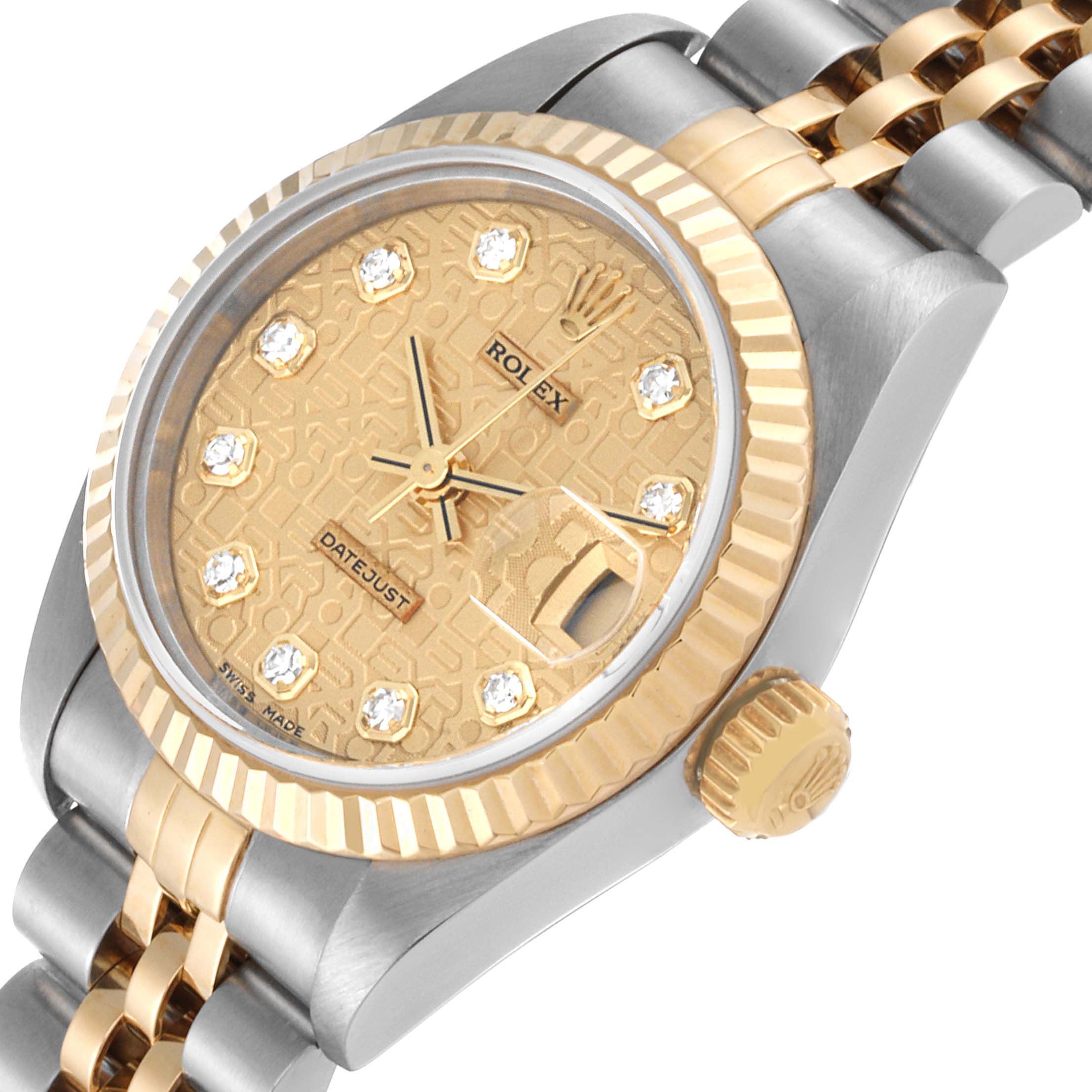 The image shows a close-up angled view of the face, bezel, and part of the bracelet of a Rolex Datejust 79173 Women's Steel and Gold (two tone) Champagne Dial 79173 Women's Steel and Gold (two tone) Champagne Dial watch.