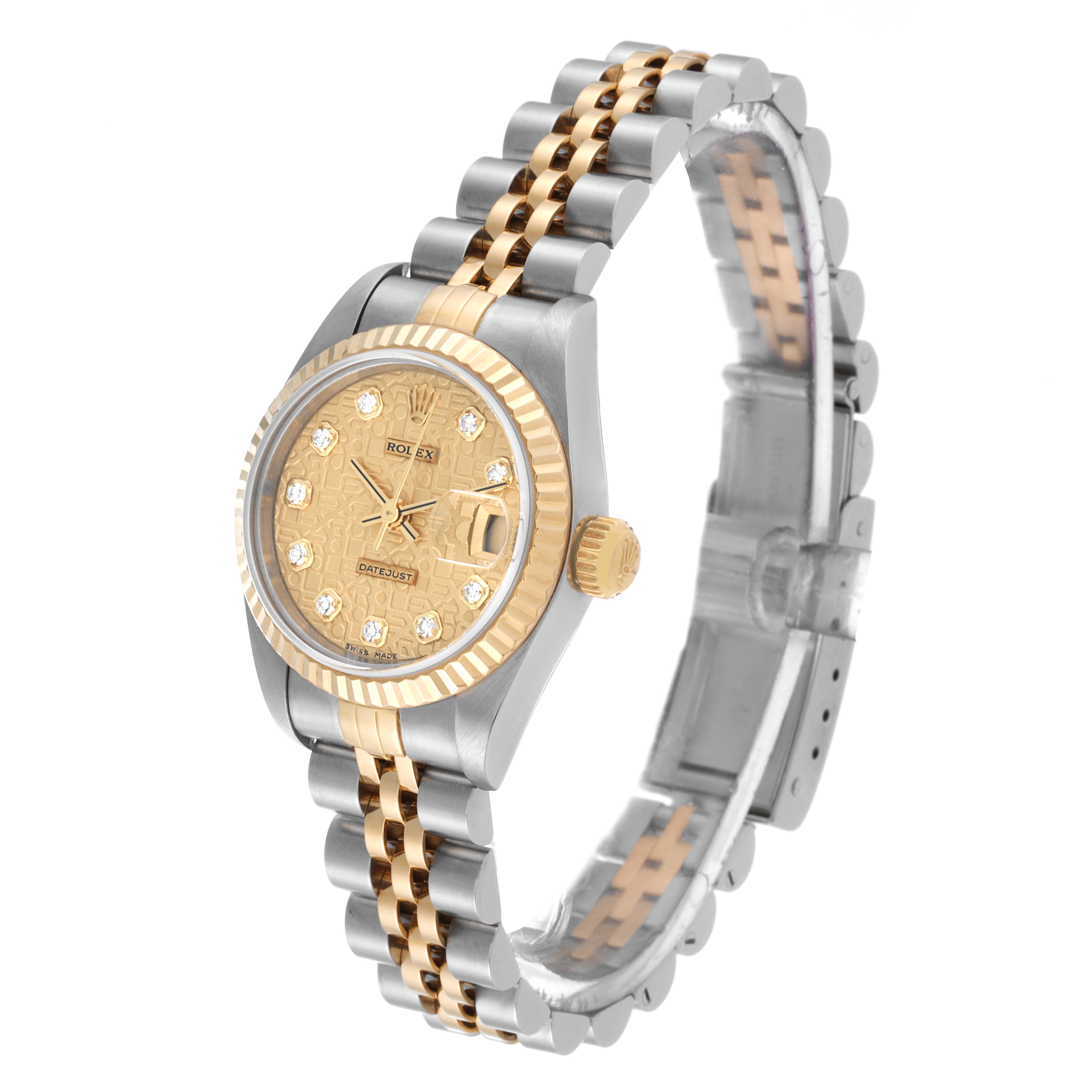 The image shows a Rolex Datejust 79173 Women's Steel and Gold (two tone) Champagne Dial 79173 Women's Steel and Gold (two tone) Champagne Dial watch at an angle highlighting the dial, bezel, crown, and two-tone jubilee bracelet.