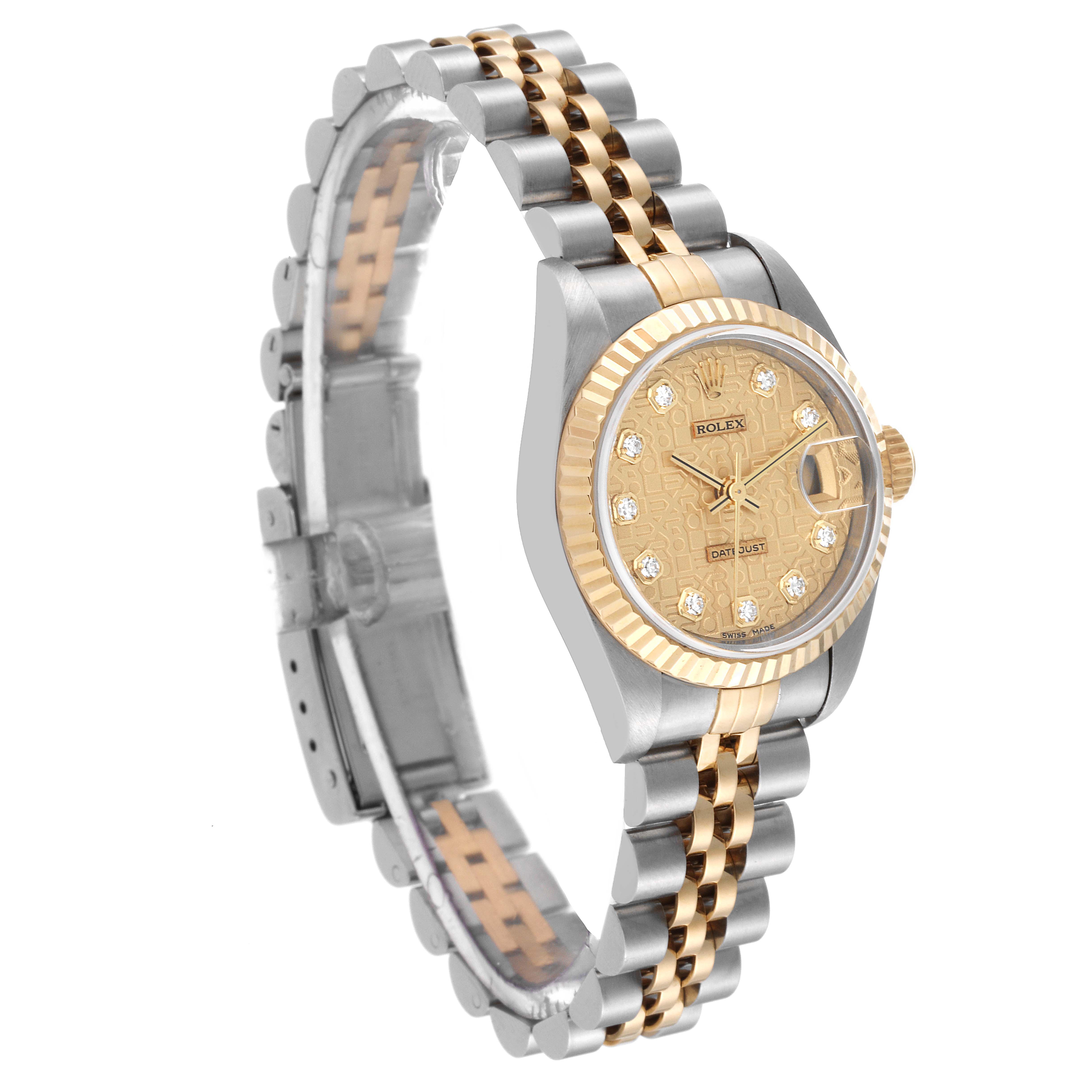 The image shows a side angle of the Rolex Datejust 79173 Women's Steel and Gold (two tone) Champagne Dial 79173 Women's Steel and Gold (two tone) Champagne Dial watch featuring its two-tone bracelet, fluted bezel, and diamond hour markers.