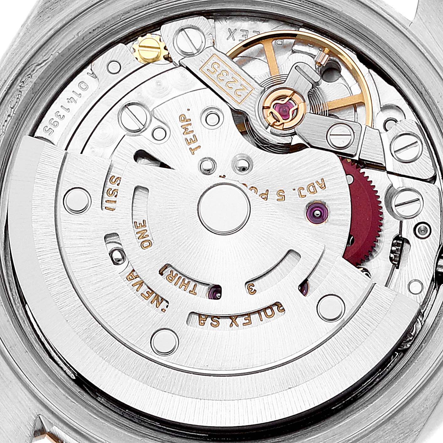 The image shows the intricate inner mechanical movement of a Rolex Datejust 79173 Women's Steel and Gold (two tone) Champagne Dial 79173 Women's Steel and Gold (two tone) Champagne Dial watch, viewed from the back.