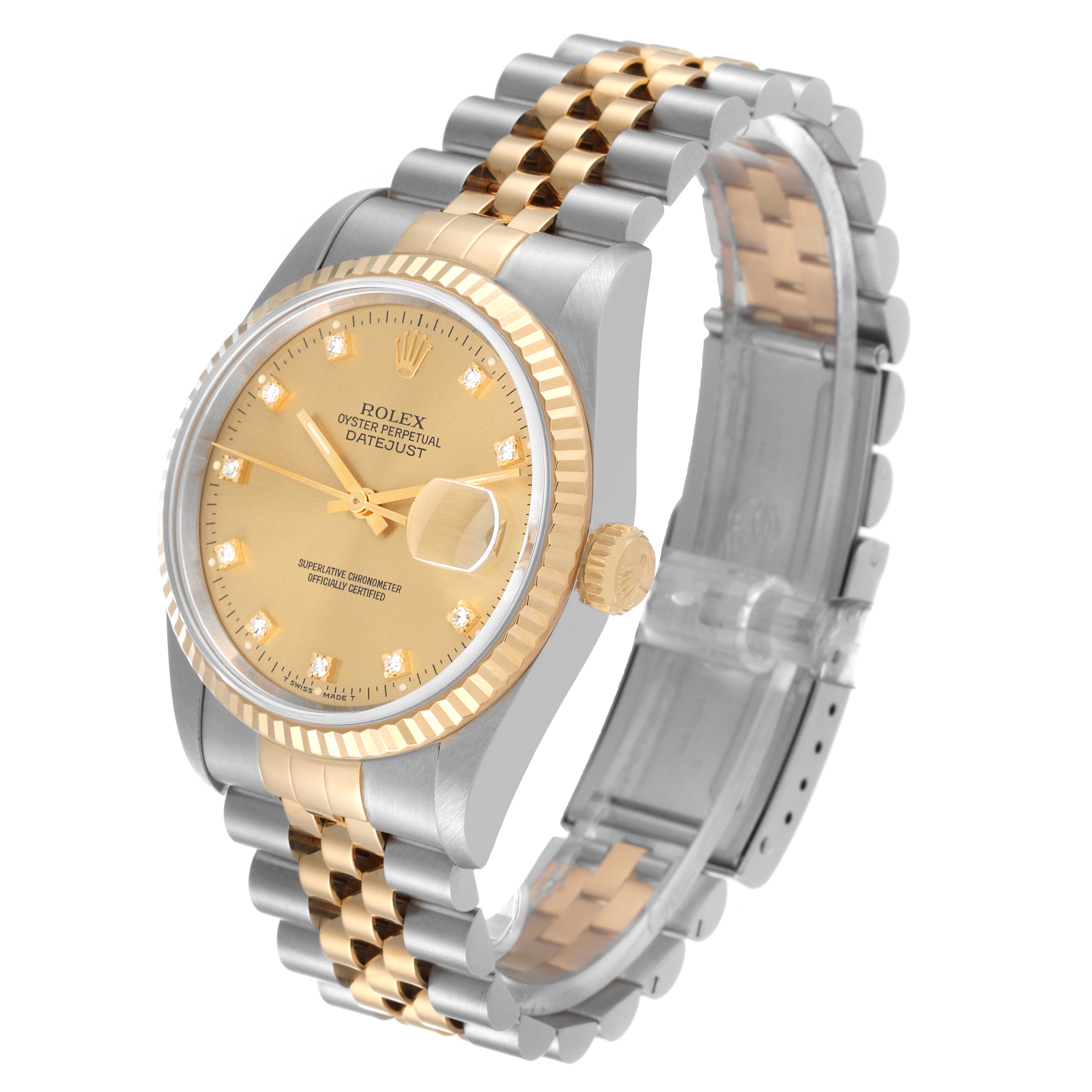The image shows a Rolex Datejust 16233 Men's Steel and Gold (two tone) Champagne Dial 16233 Men's Steel and Gold (two tone) Champagne Dial watch at a three-quarter angle, highlighting its two-tone bracelet and the gold dial.