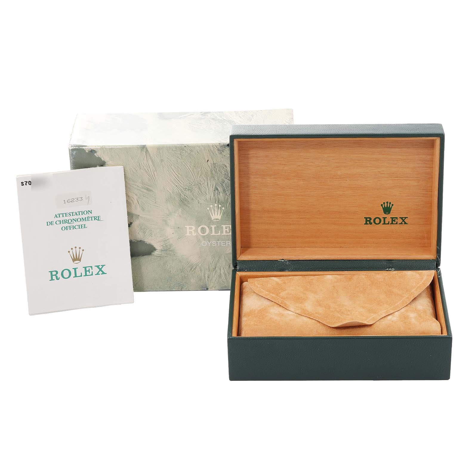 The image shows the packaging and accessories of a Rolex Datejust 16233 Men's Steel and Gold (two tone) Champagne Dial 16233 Men's Steel and Gold (two tone) Champagne Dial, including an opened presentation box, outer box, and certificate.