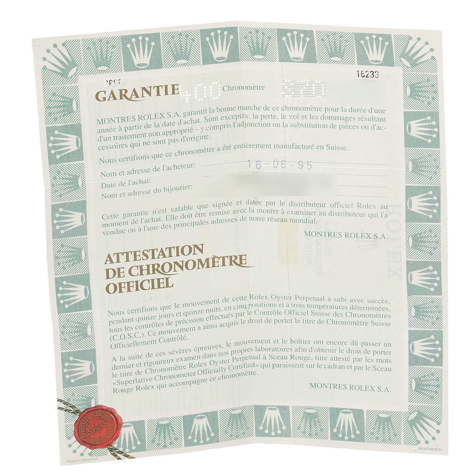 The image shows a certificate of guarantee and chronometer authentication for the Rolex Datejust 16233 Men's Steel and Gold (two tone) Champagne Dial 16233 Men's Steel and Gold (two tone) Champagne Dial model, highlighting the purchase date and official seals.