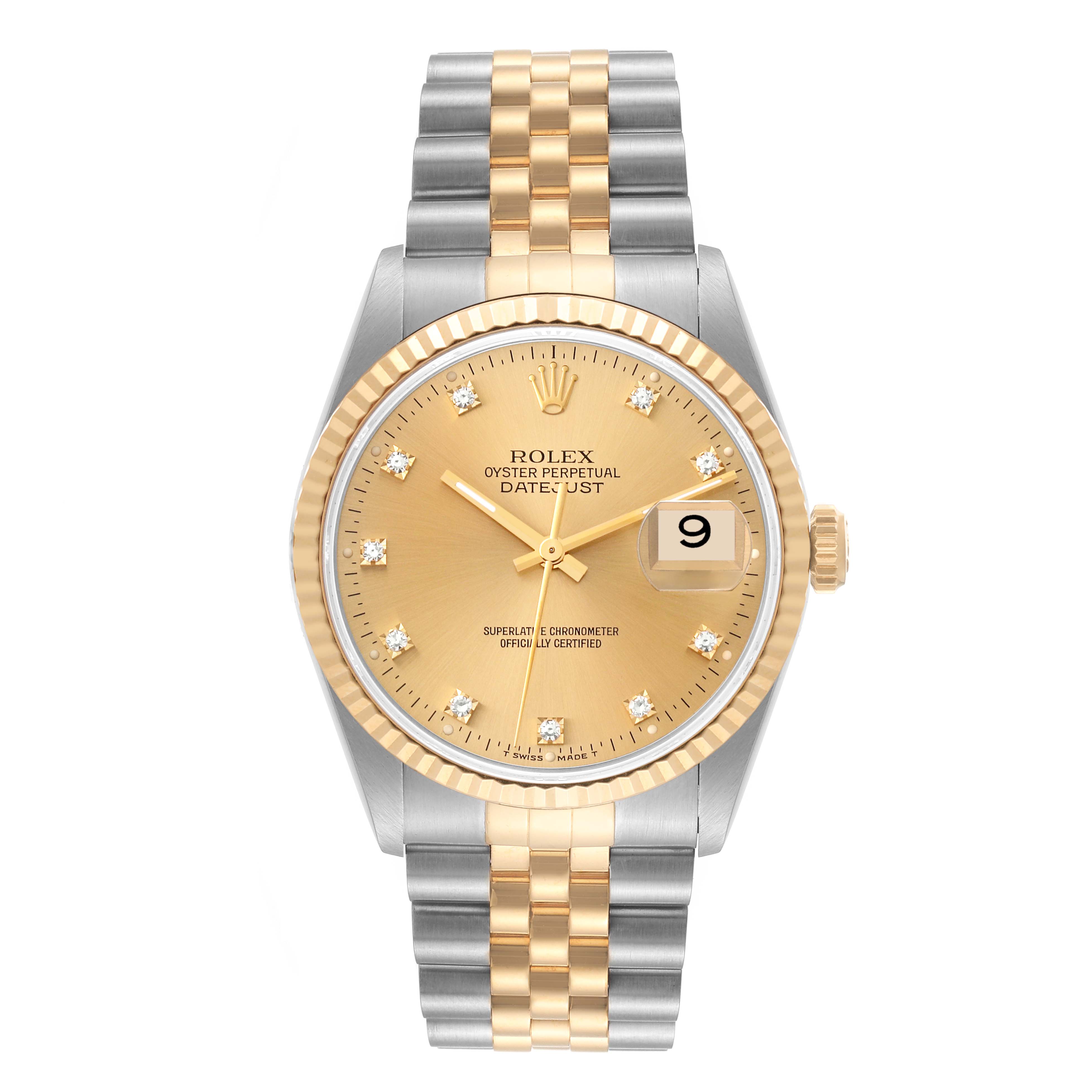 This image shows a front view of the Rolex Datejust 16233 Men's Steel and Gold (two tone) Champagne Dial 16233 Men's Steel and Gold (two tone) Champagne Dial watch with a gold dial, diamond hour markers, and a two-tone bracelet.