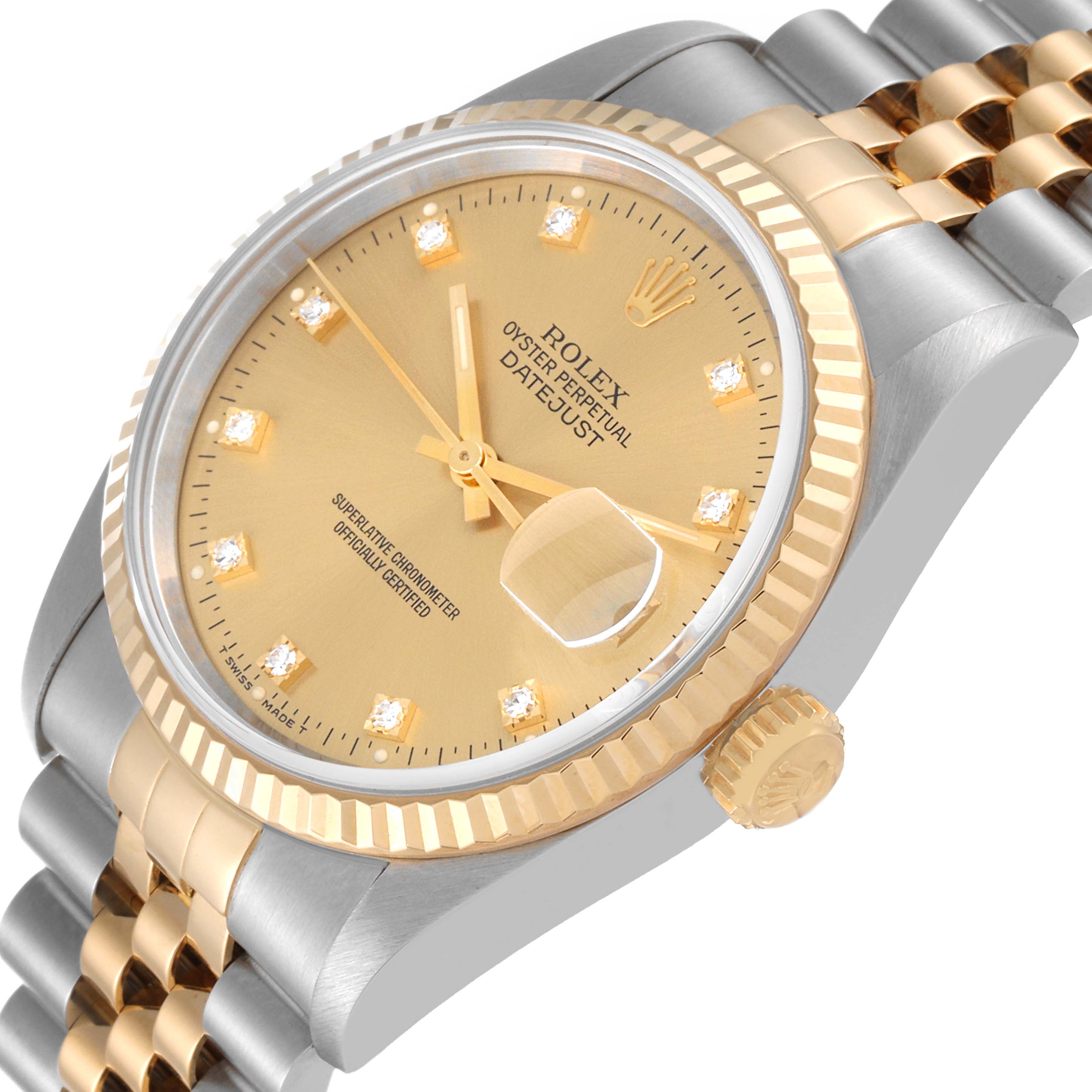 The image shows a close-up angle of the Rolex Datejust 16233 Men's Steel and Gold (two tone) Champagne Dial 16233 Men's Steel and Gold (two tone) Champagne Dial watch, focusing on the dial, crown, and part of the bracelet.