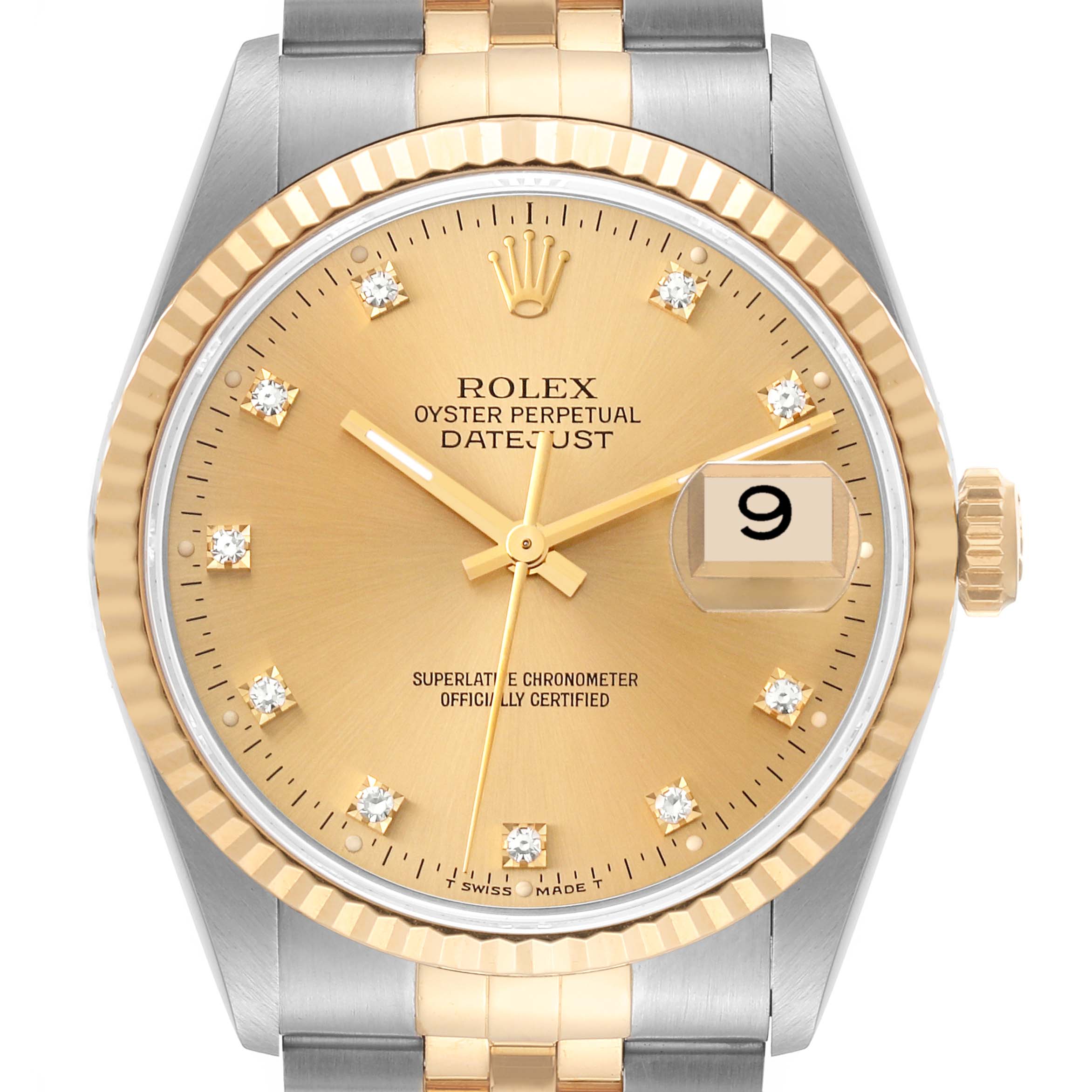 This image shows a front view of a Rolex Datejust 16233 Men's Steel and Gold (two tone) Champagne Dial 16233 Men's Steel and Gold (two tone) Champagne Dial watch, highlighting the dial, bezel, crown, and bracelet.