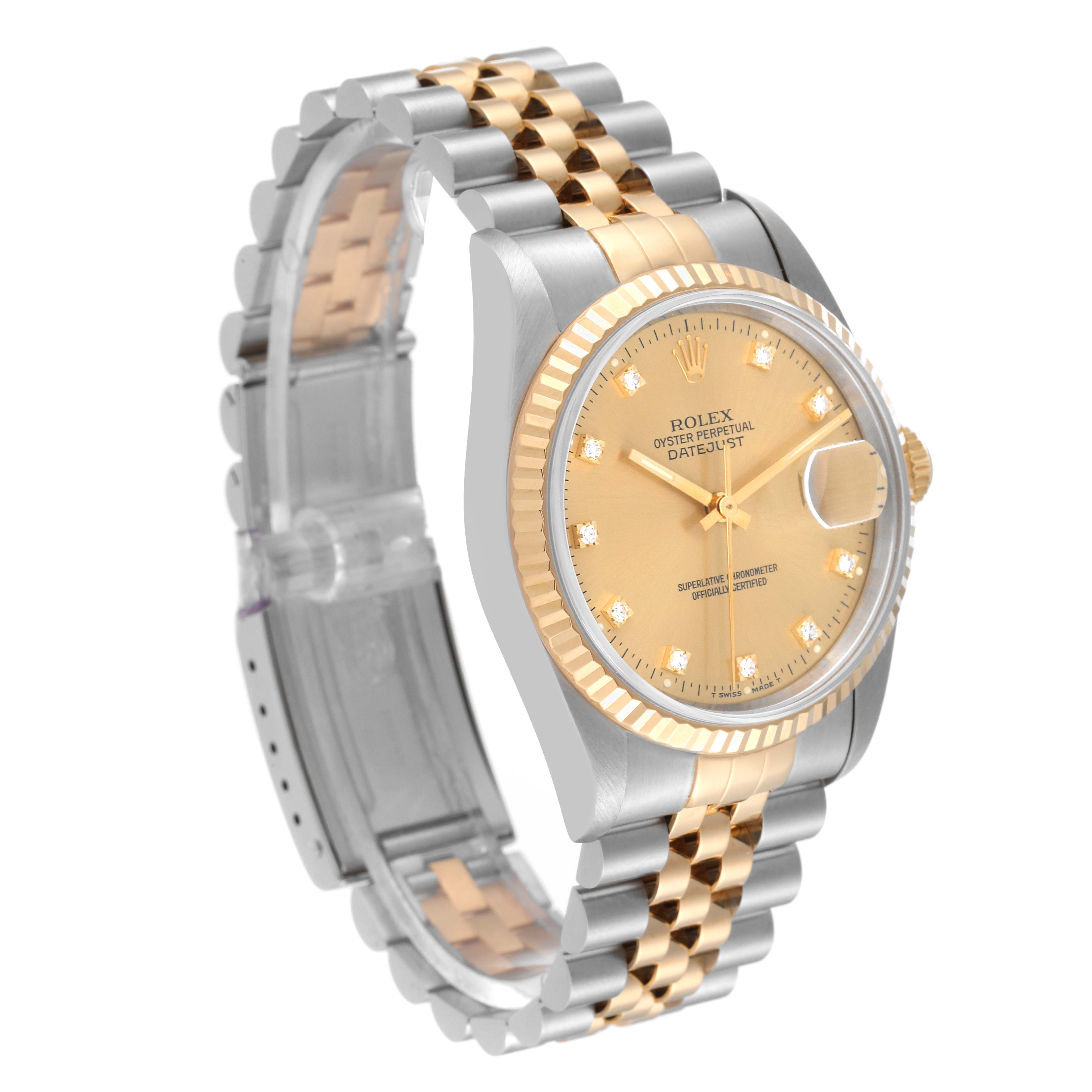 The image shows a Rolex Datejust 16233 Men's Steel and Gold (two tone) Champagne Dial 16233 Men's Steel and Gold (two tone) Champagne Dial watch at a three-quarter angle, displaying its bracelet, bezel, and dial with date.