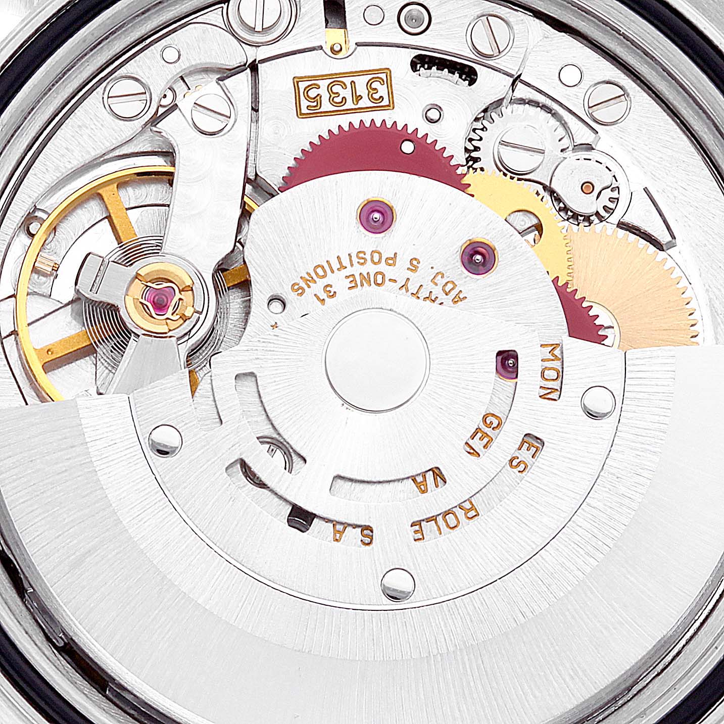 This image shows a close-up of the Rolex Datejust 16233 Men's Steel and Gold (two tone) Champagne Dial 16233 Men's Steel and Gold (two tone) Champagne Dial watch movement, highlighting the gears and intricate inner mechanisms.