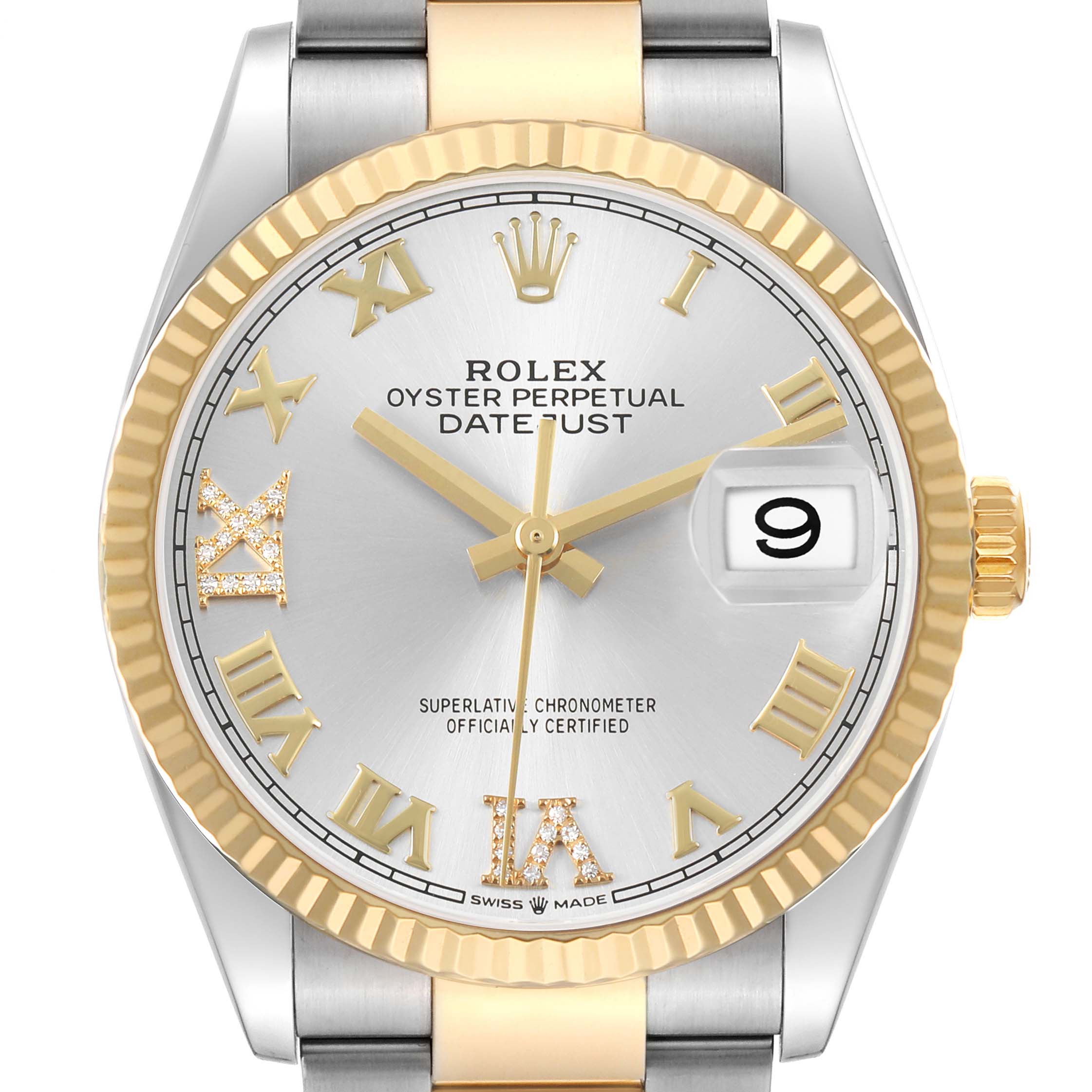 The Rolex Datejust 126233 Men's Steel and Gold (two tone) Silver Dial watch is shown from a front angle, highlighting the dial, fluted bezel, and cyclops lens over the date.