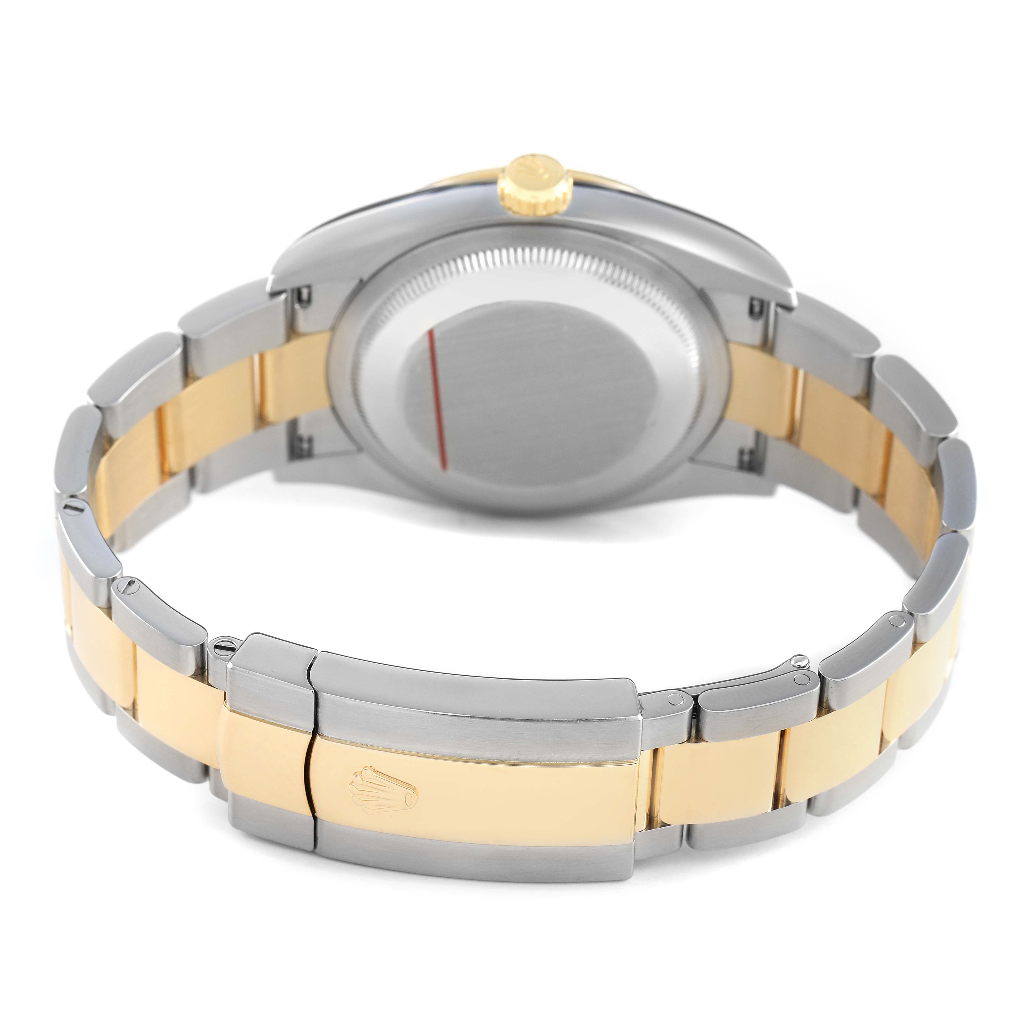 The image shows the back view of the Rolex Datejust 126233 Men's Steel and Gold (two tone) Silver Dial, highlighting the two-tone bracelet and clasp.