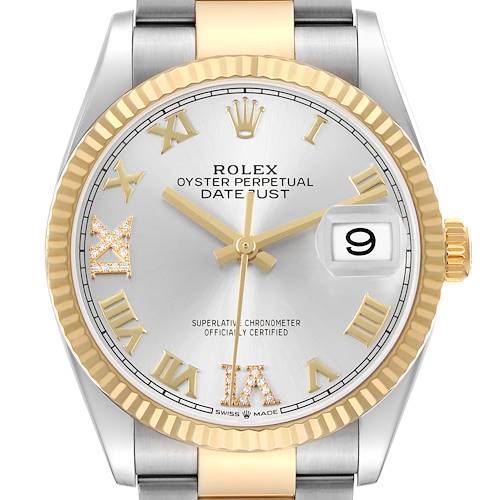 The Rolex Datejust 126233 Men's Steel and Gold (two tone) Silver Dial watch is shown from the front, highlighting its gold fluted bezel, silver dial, and date display at 3 o'clock.