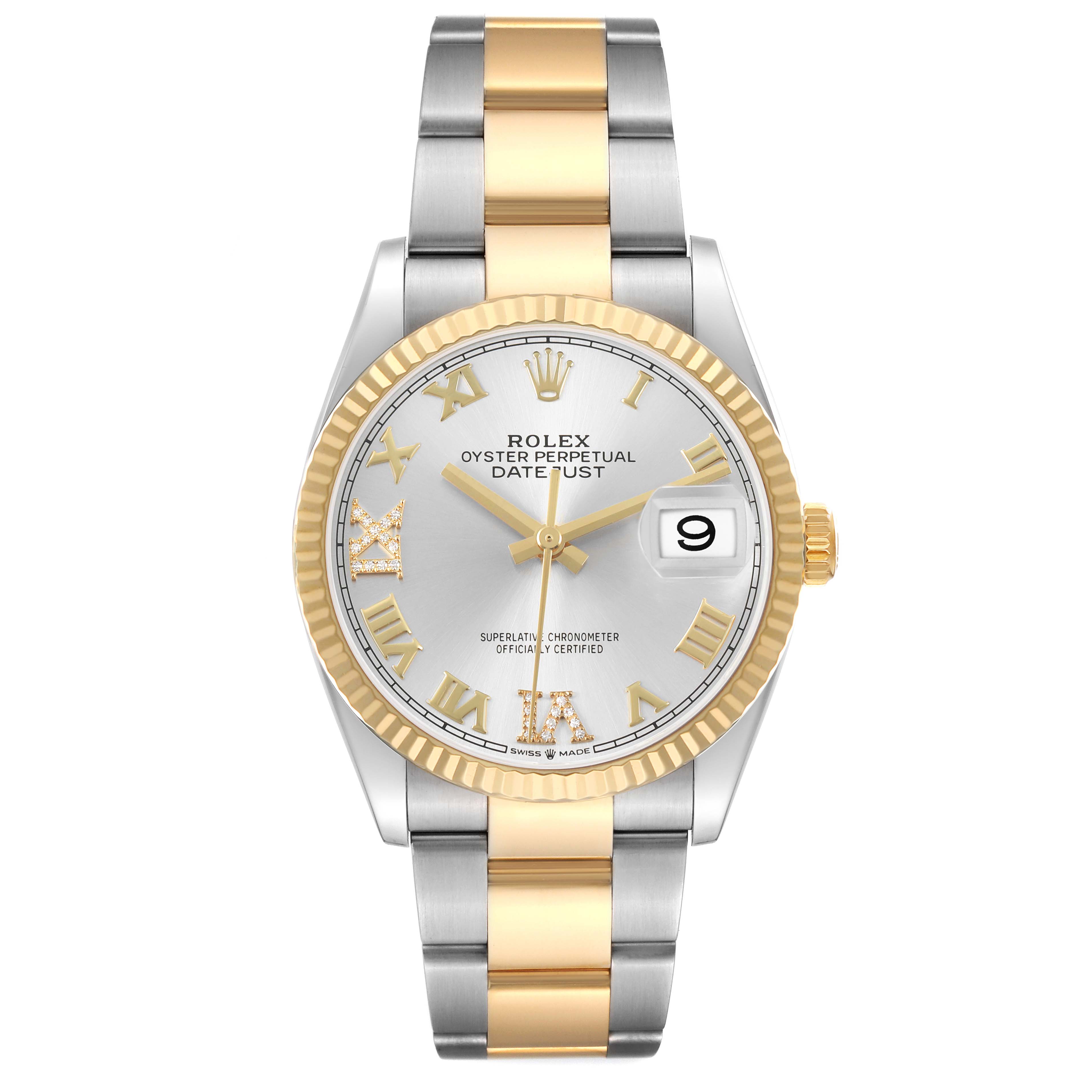 The Rolex Datejust 126233 Men's Steel and Gold (two tone) Silver Dial watch is shown from a top-down view, displaying the face, bezel, and bracelet.