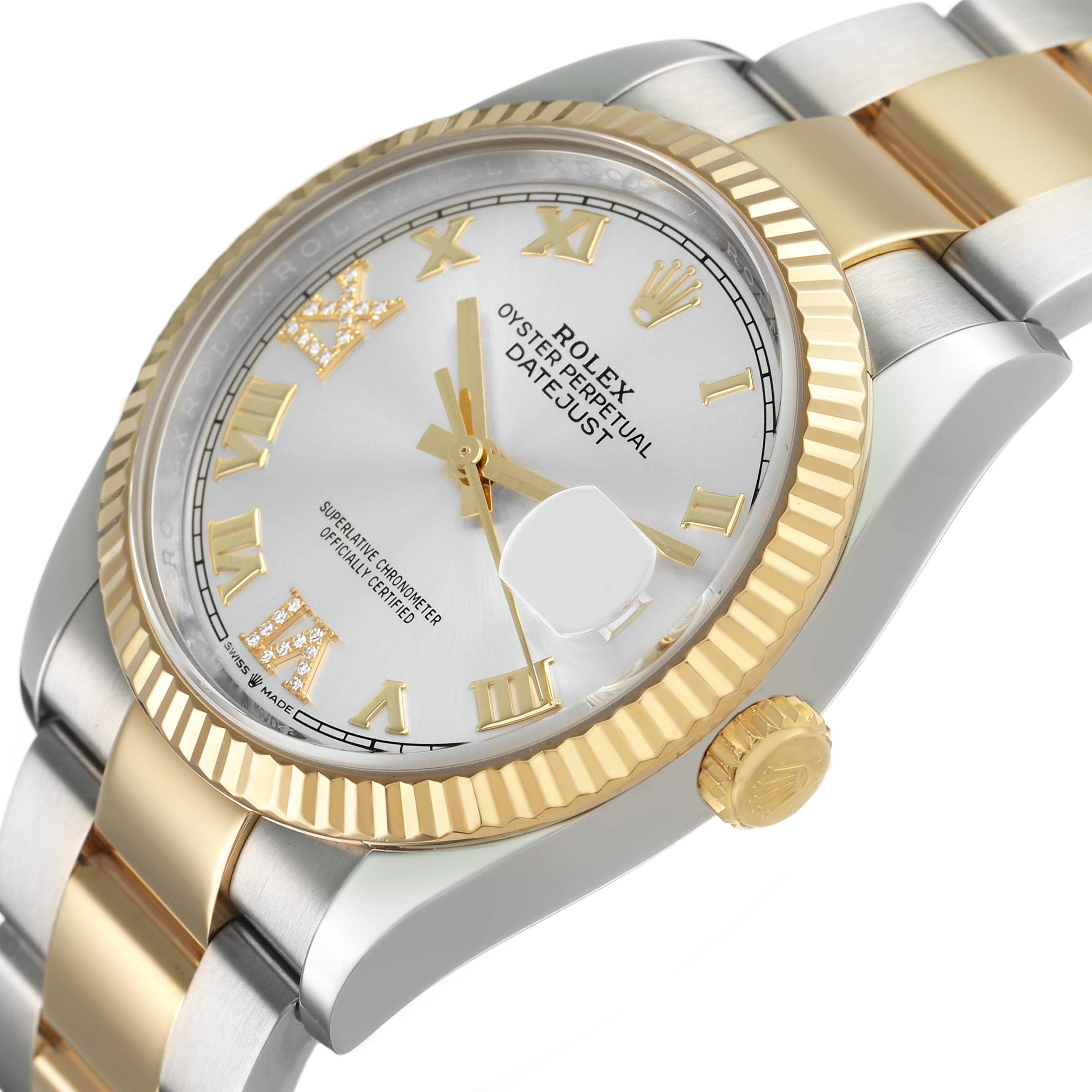 The Rolex Datejust 126233 Men's Steel and Gold (two tone) Silver Dial watch is shown at an angle highlighting the dial, bezel, crown, and bracelet.