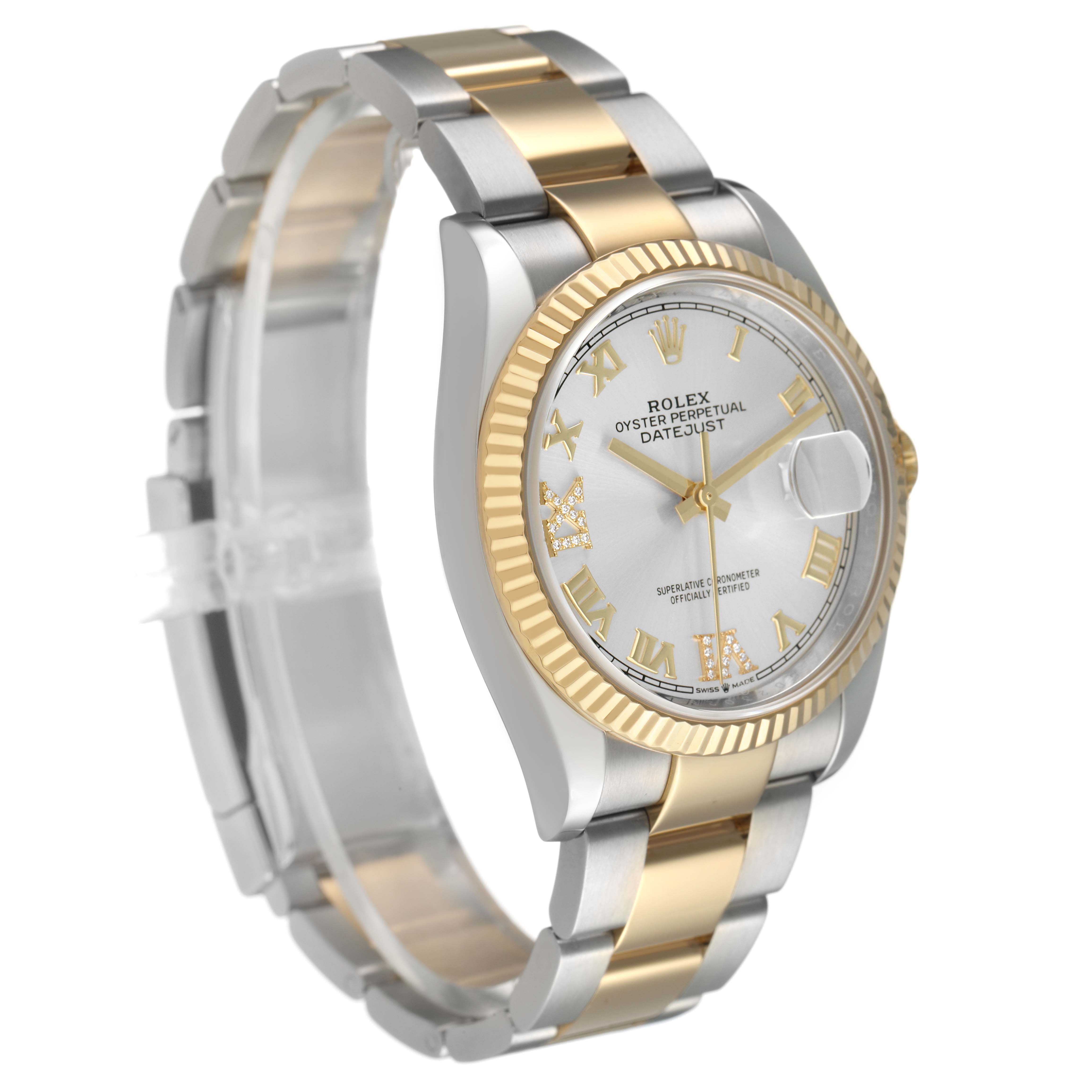 The Rolex Datejust 126233 Men's Steel and Gold (two tone) Silver Dial watch is shown at an angled view, highlighting the two-tone bracelet, fluted bezel, and dial with Roman numerals.