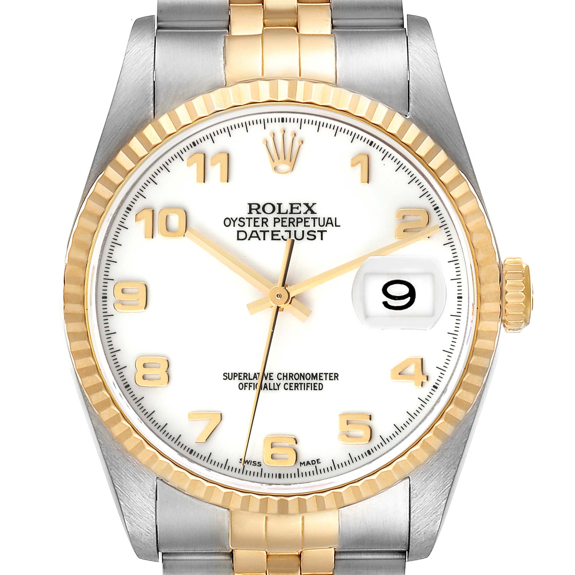 This image shows a front view of the Rolex Datejust 16233 Men's Steel and Gold (two tone) White Dial 16233 Men's Steel and Gold (two tone) White Dial model watch, revealing its dial, bezel, crown, and part of the bracelet.