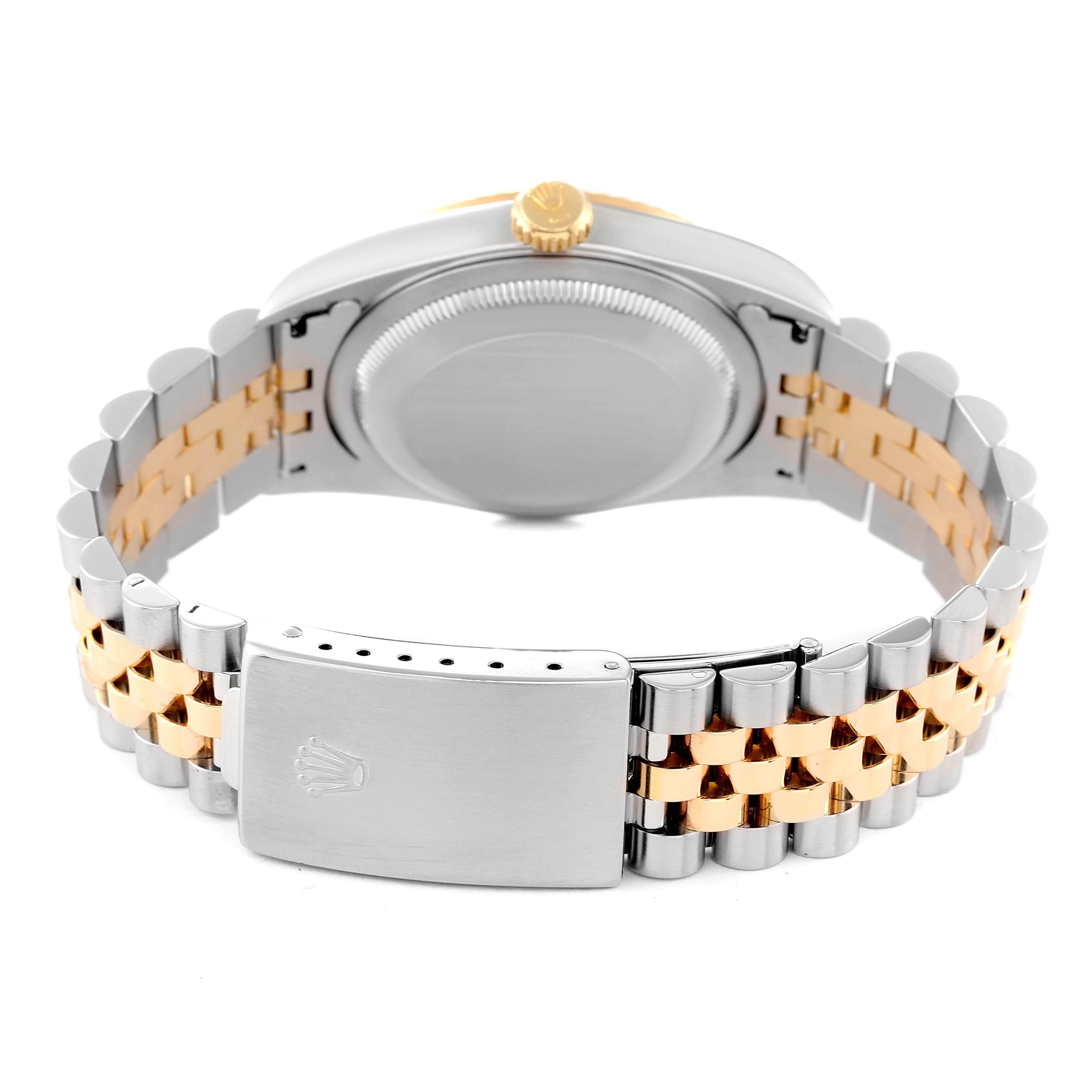 The image shows the back case and bracelet of the Rolex Datejust 16233 Men's Steel and Gold (two tone) White Dial 16233 Men's Steel and Gold (two tone) White Dial watch, featuring a two-tone metal design.