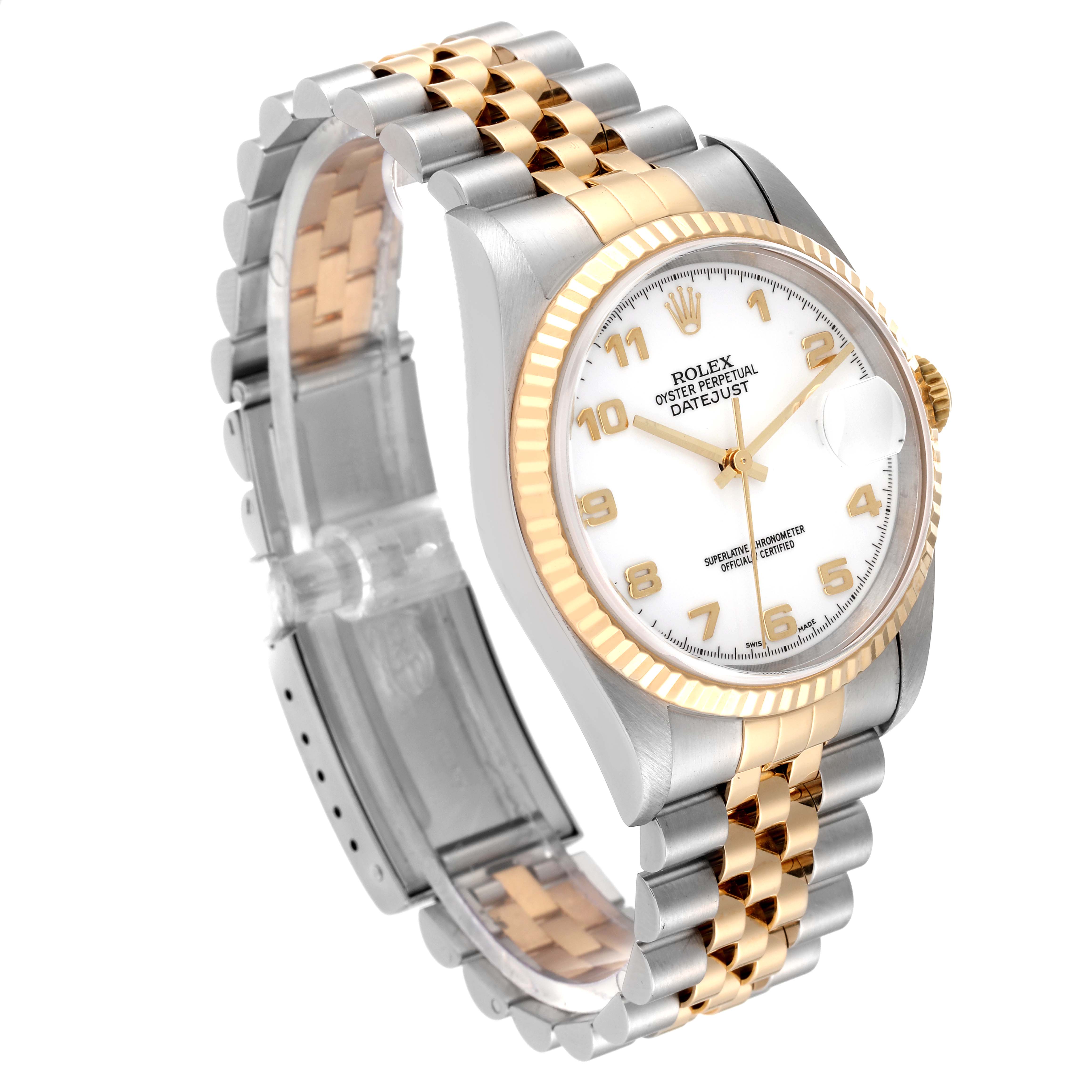 This image shows a Rolex Datejust 16233 Men's Steel and Gold (two tone) White Dial 16233 Men's Steel and Gold (two tone) White Dial watch at a three-quarter angle, highlighting its two-tone bracelet, fluted bezel, and white dial.