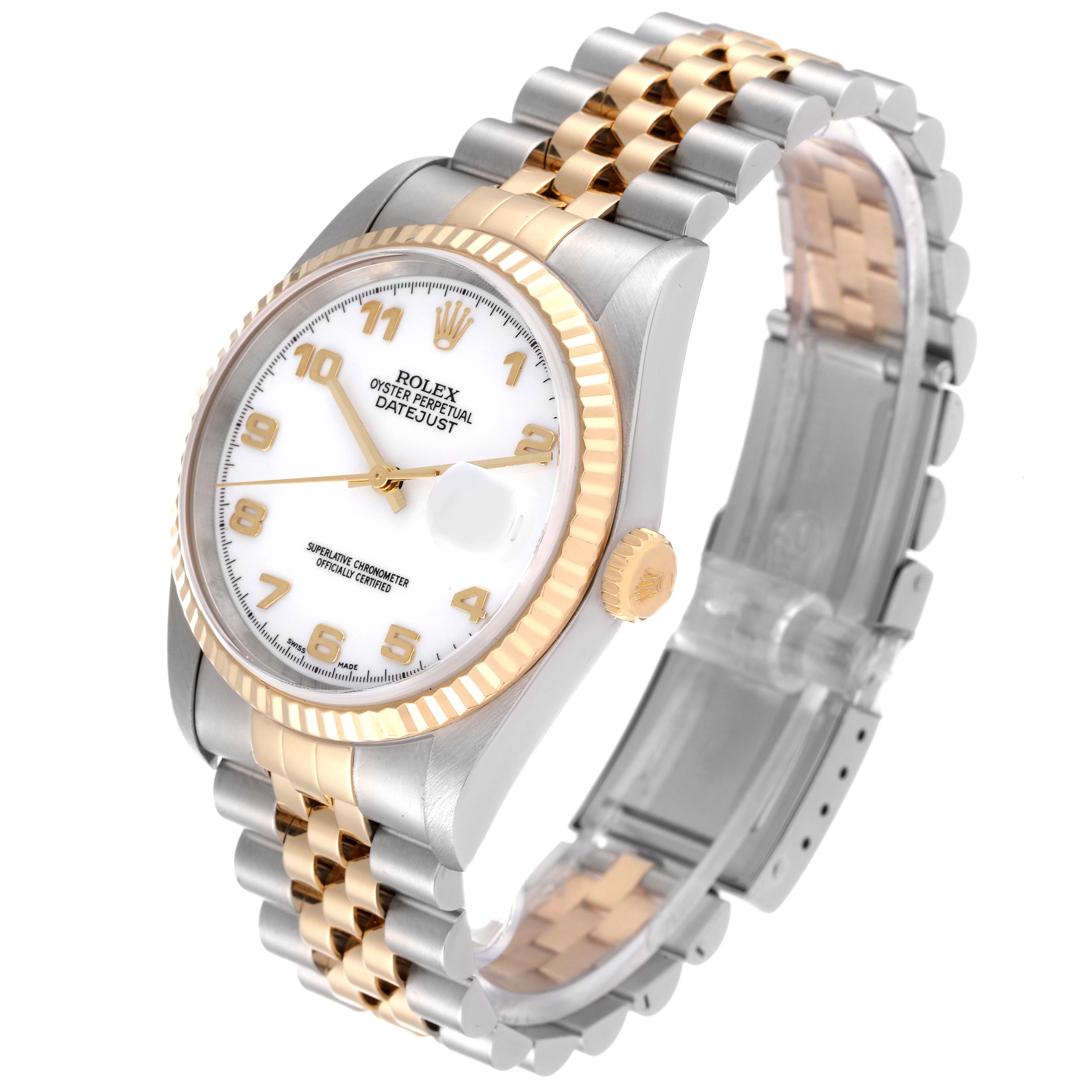 The Rolex Datejust 16233 Men's Steel and Gold (two tone) White Dial 16233 Men's Steel and Gold (two tone) White Dial watch is shown at an angled side view, highlighting its two-tone bracelet, white dial, and fluted bezel.