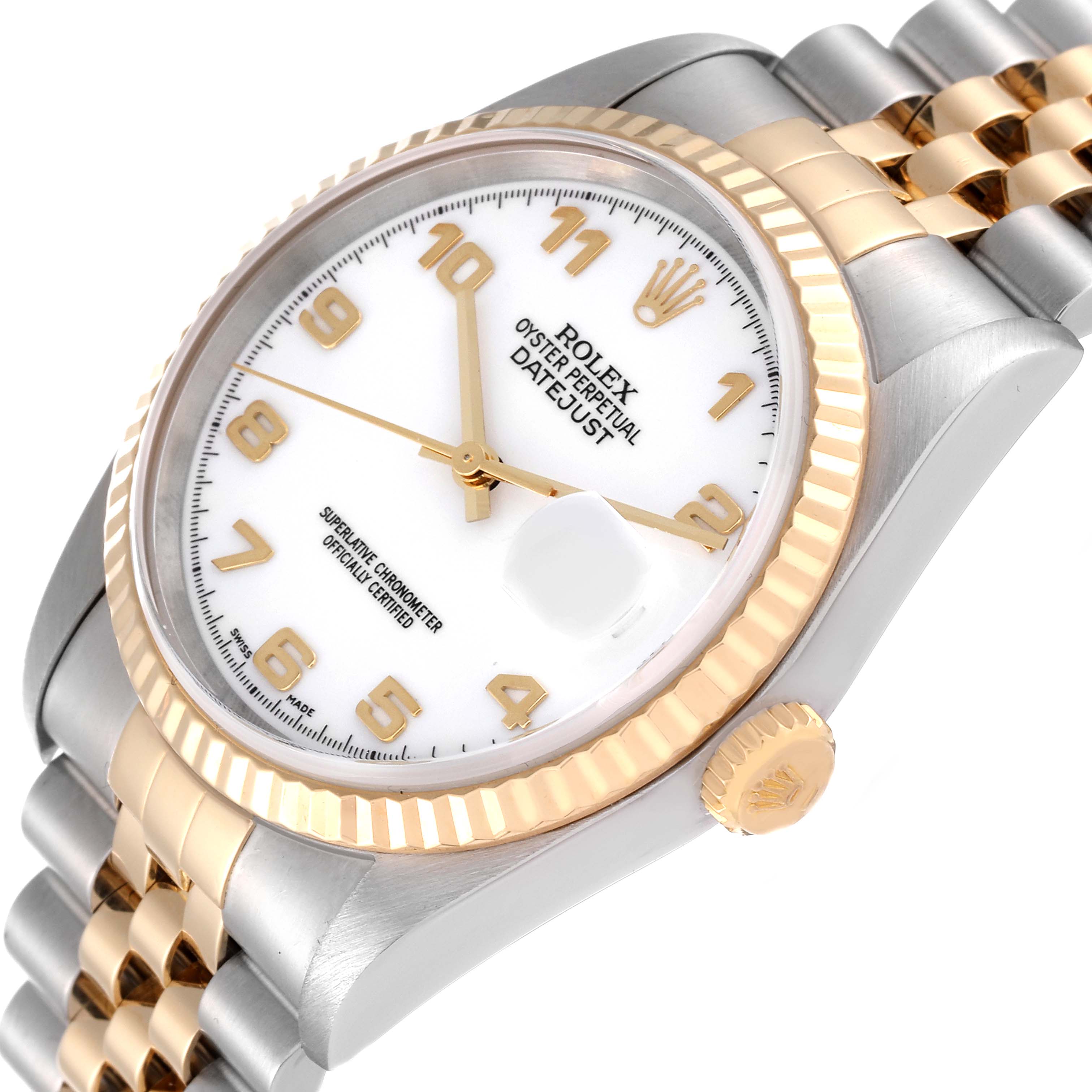 The image shows the face, bezel, and part of the bracelet of the Rolex Datejust 16233 Men's Steel and Gold (two tone) White Dial 16233 Men's Steel and Gold (two tone) White Dial watch in a close-up angle.