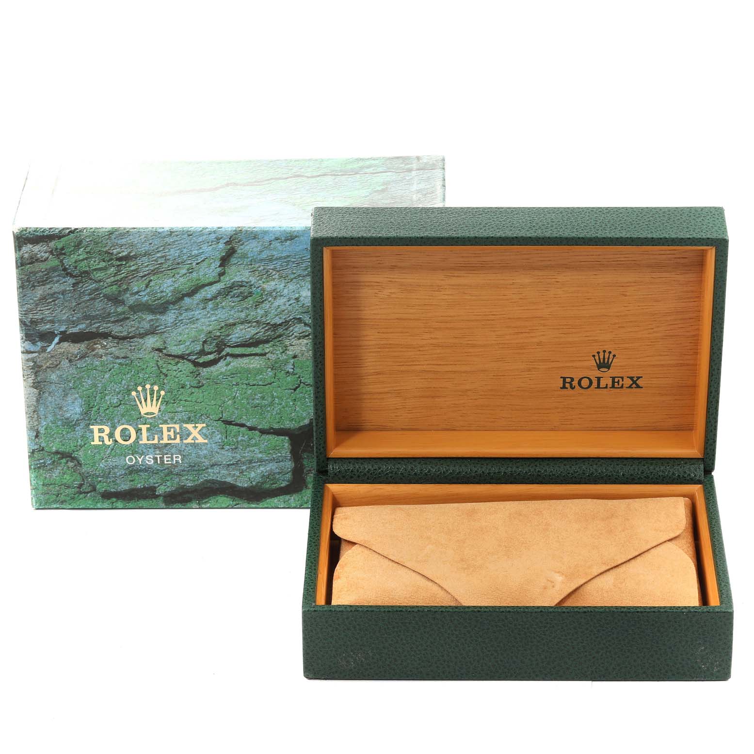 This image shows the open packaging box and pouch for a Rolex Datejust 16233 Men's Steel and Gold (two tone) White Dial 16233 Men's Steel and Gold (two tone) White Dial watch, displaying the exterior and interior.