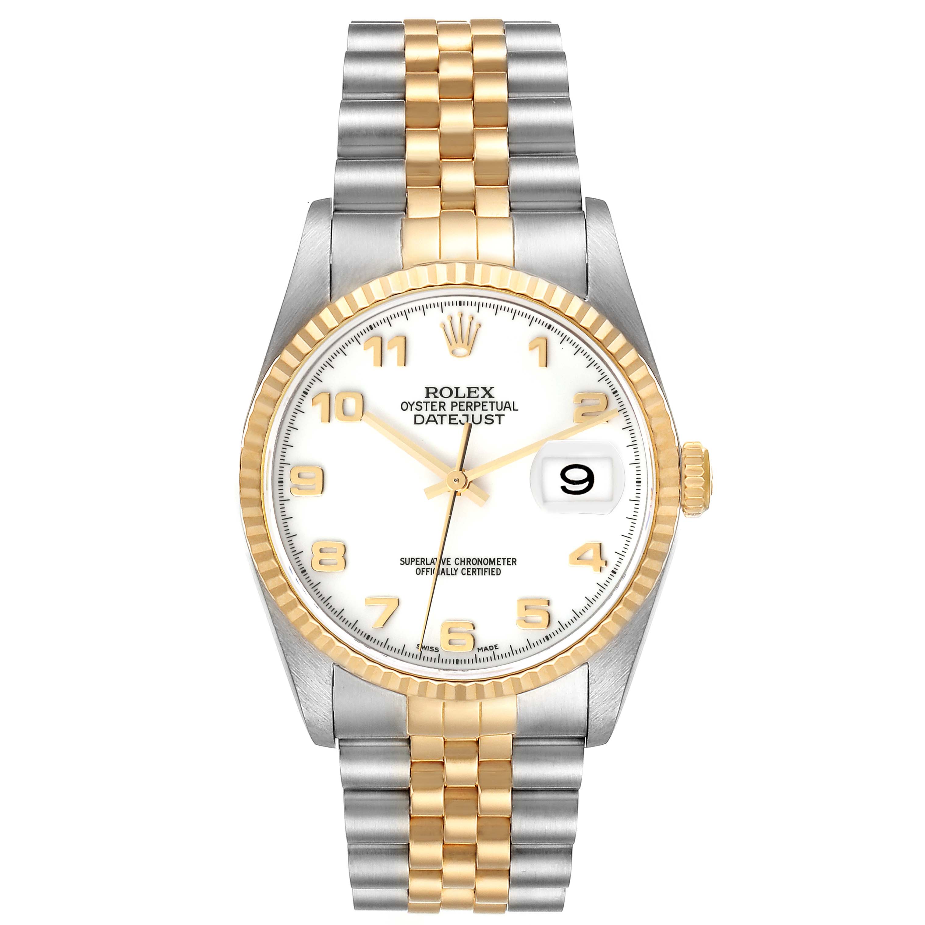The image shows the front view of a Rolex Datejust 16233 Men's Steel and Gold (two tone) White Dial 16233 Men's Steel and Gold (two tone) White Dial watch, highlighting its dial, bezel, bracelet, and date window.