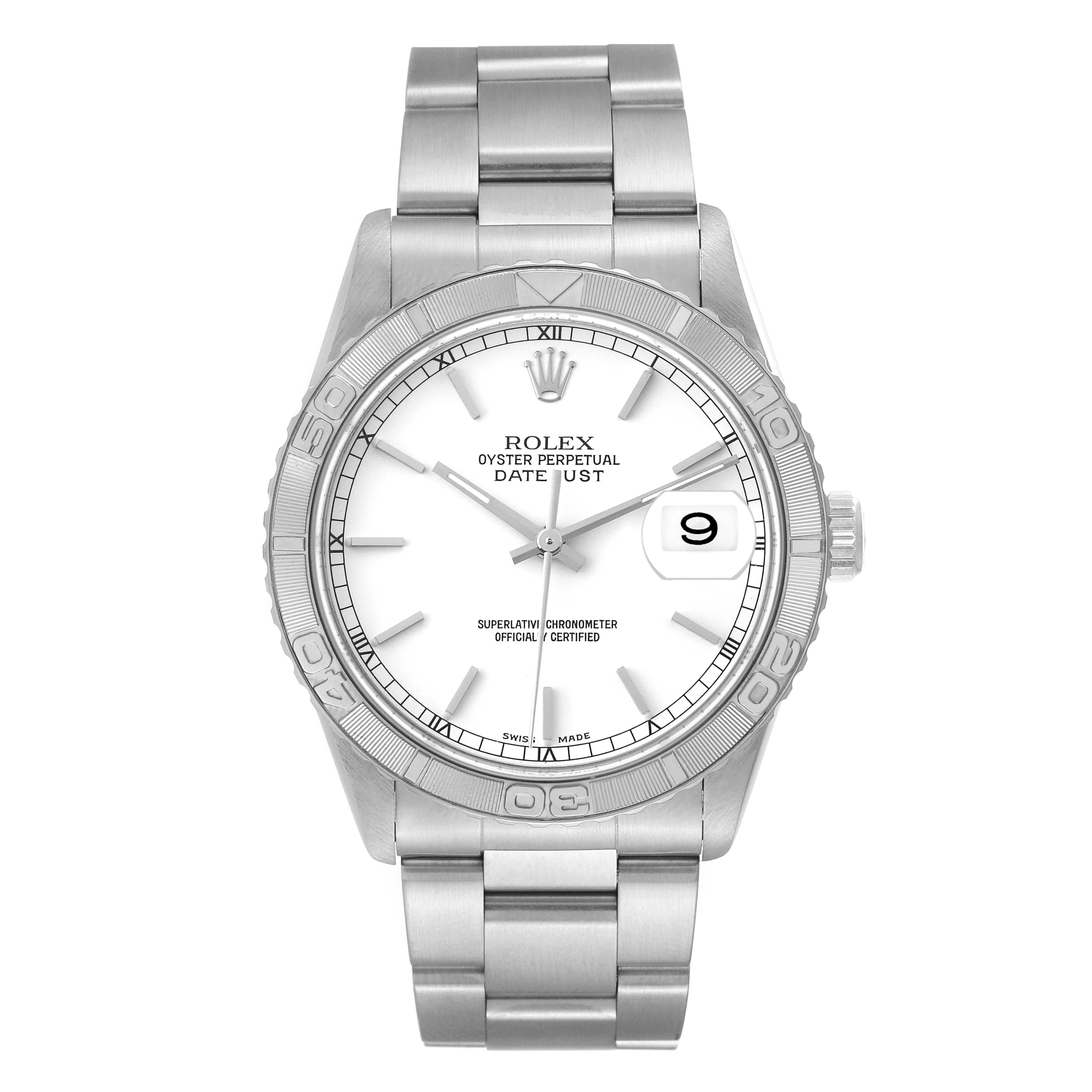 The Rolex Turn-o-Graph 16264 Men's Stainless Steel White Dial 16264 Men's Stainless Steel White Dial watch is shown from a top-down angle, highlighting the face, bezel, crown, and bracelet.