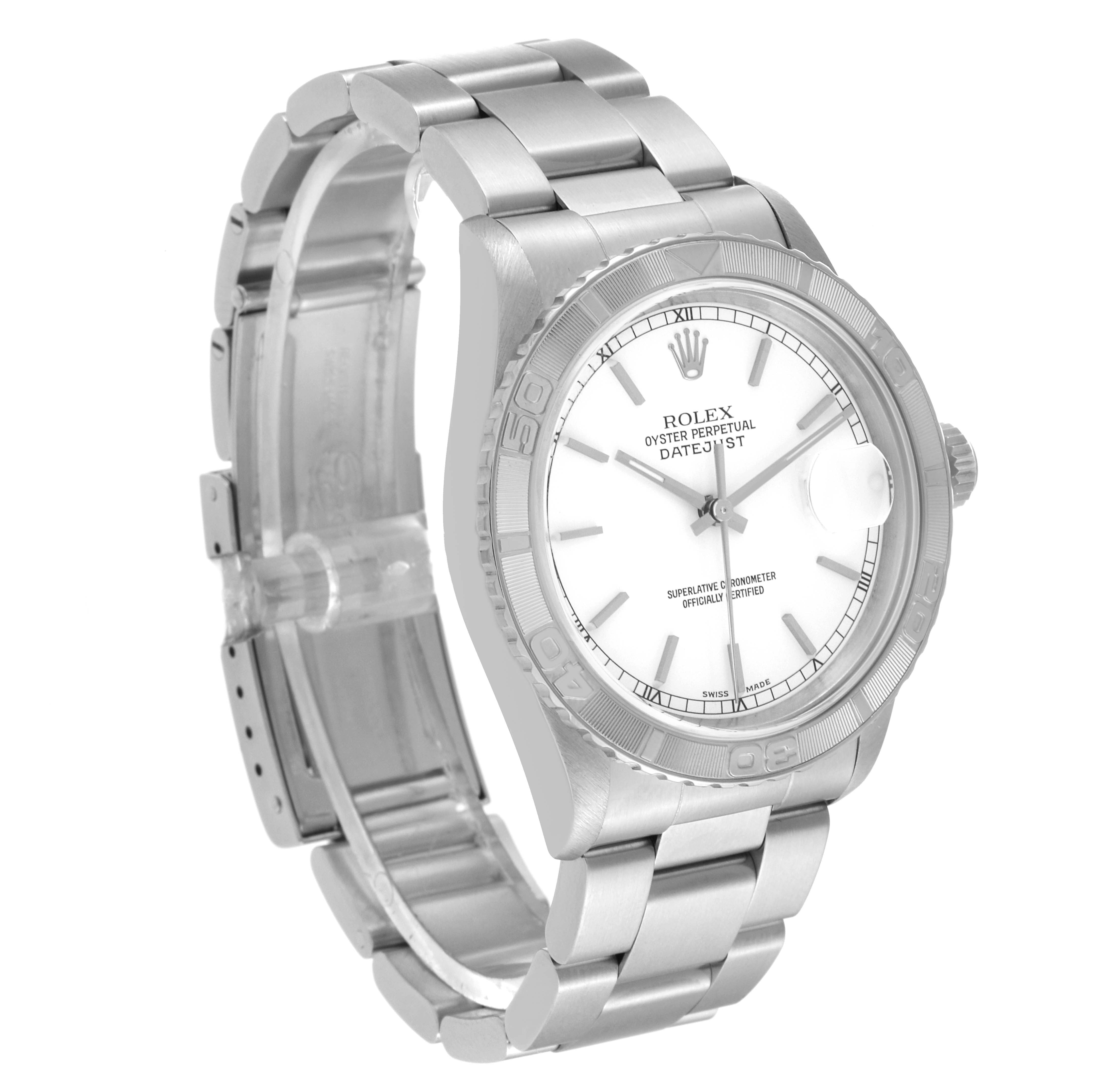 The image shows a Rolex Turn-o-Graph 16264 Men's Stainless Steel White Dial 16264 Men's Stainless Steel White Dial model watch from a front-left angle, highlighting the face, bezel, and partially open bracelet.