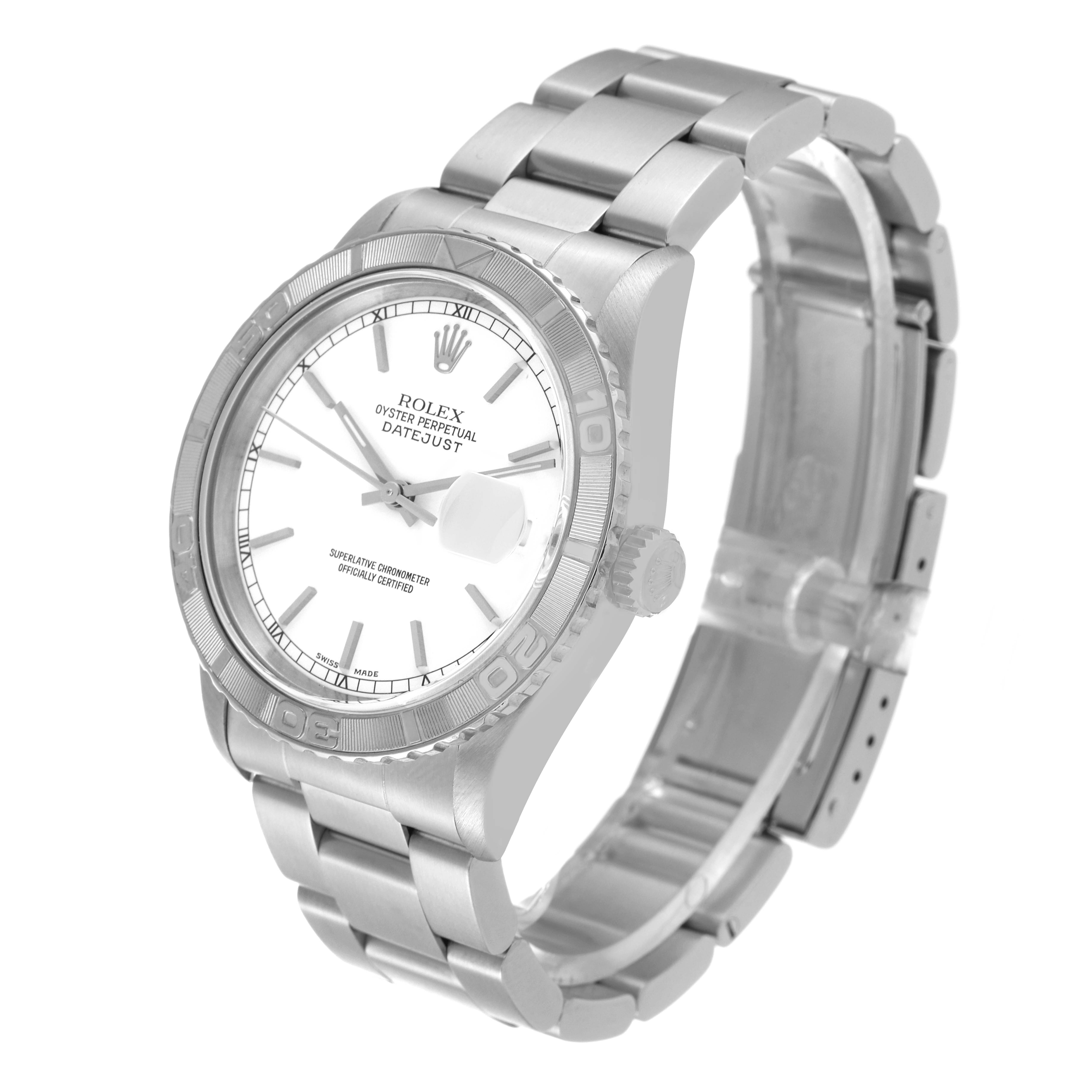The image shows a Rolex Turn-o-Graph 16264 Men's Stainless Steel White Dial 16264 Men's Stainless Steel White Dial model watch from a front-side angle, highlighting its face, bezel, and bracelet.