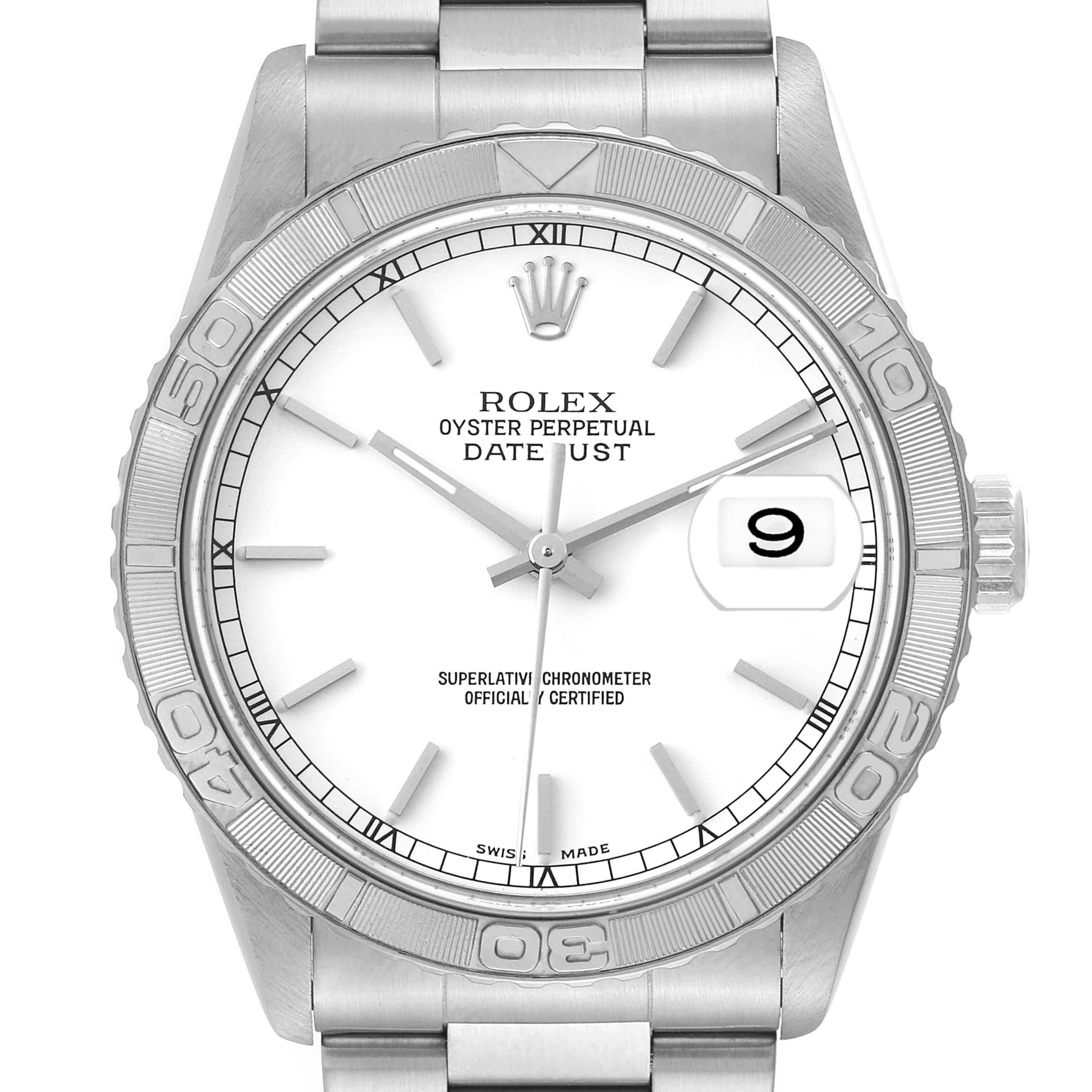 The image shows a front view of the Rolex Turn-o-Graph 16264 Men's Stainless Steel White Dial 16264 Men's Stainless Steel White Dial watch, displaying the dial, hands, date window, and bezel.