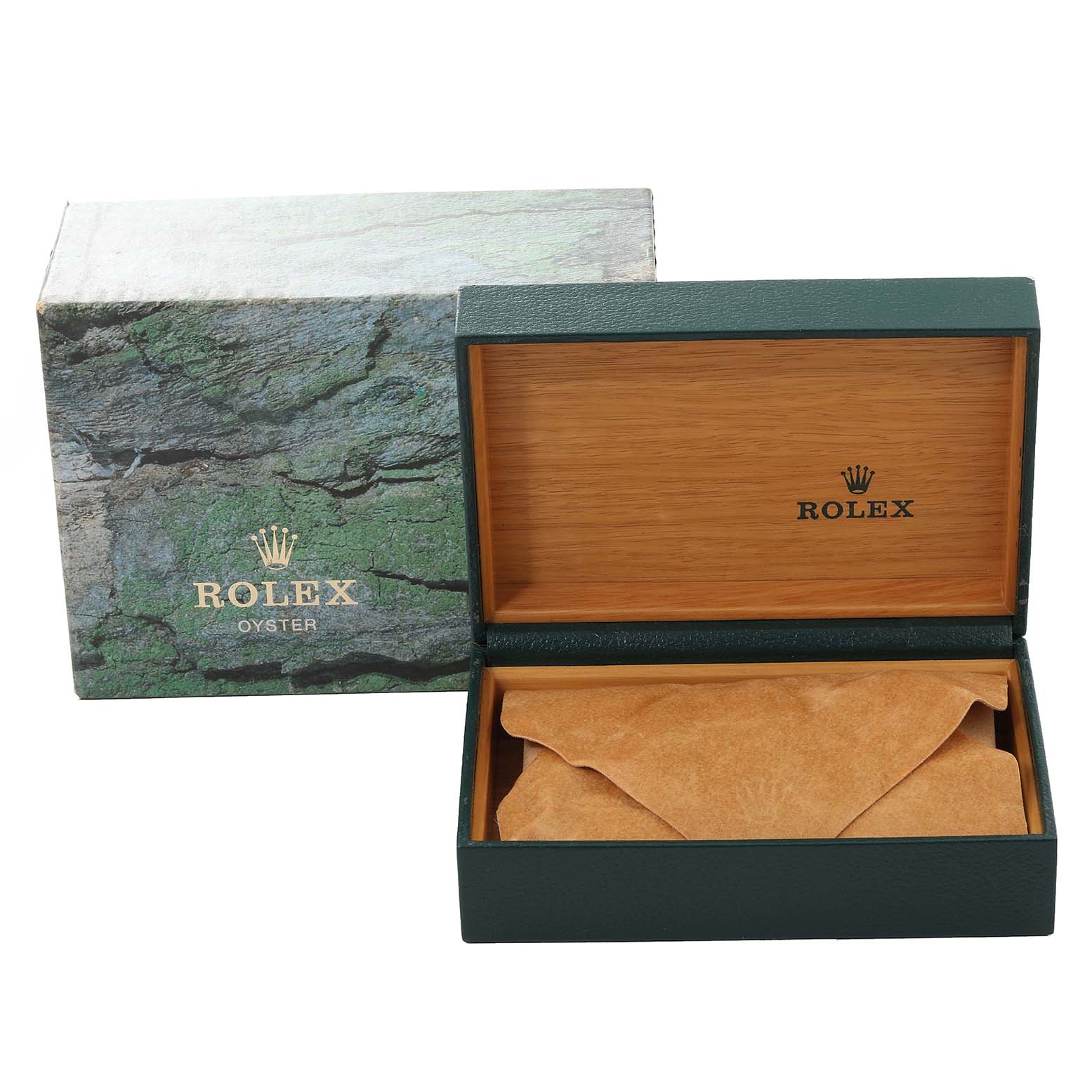 A Rolex Turn-o-Graph 16264 Men's Stainless Steel White Dial 16264 Men's Stainless Steel White Dial watch box is shown open, displaying its interior lining and protective wrapping, alongside the outer packaging.