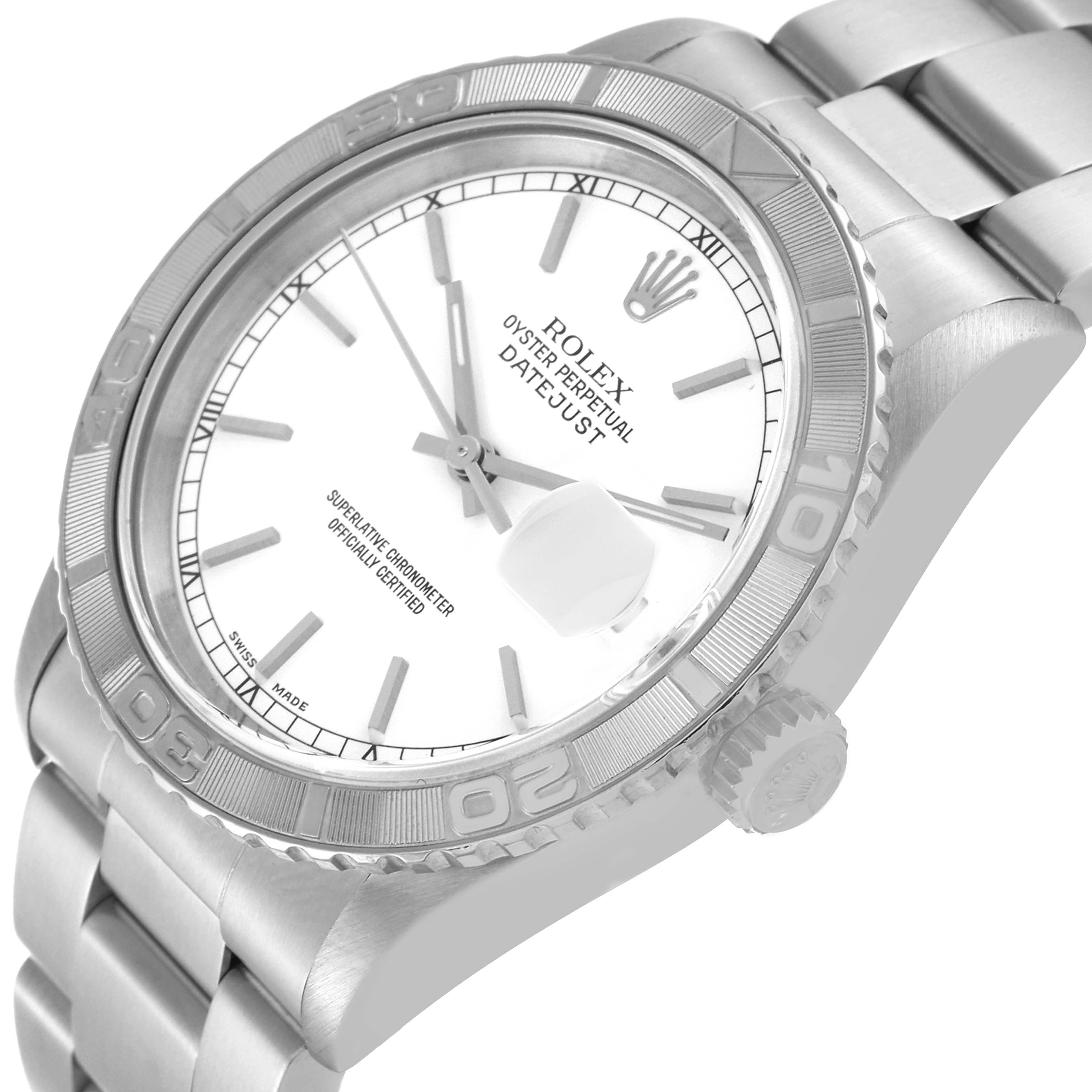This image shows a close-up angle of the Rolex Turn-o-Graph 16264 Men's Stainless Steel White Dial 16264 Men's Stainless Steel White Dial, highlighting its bezel, crown, dial, and part of the bracelet.