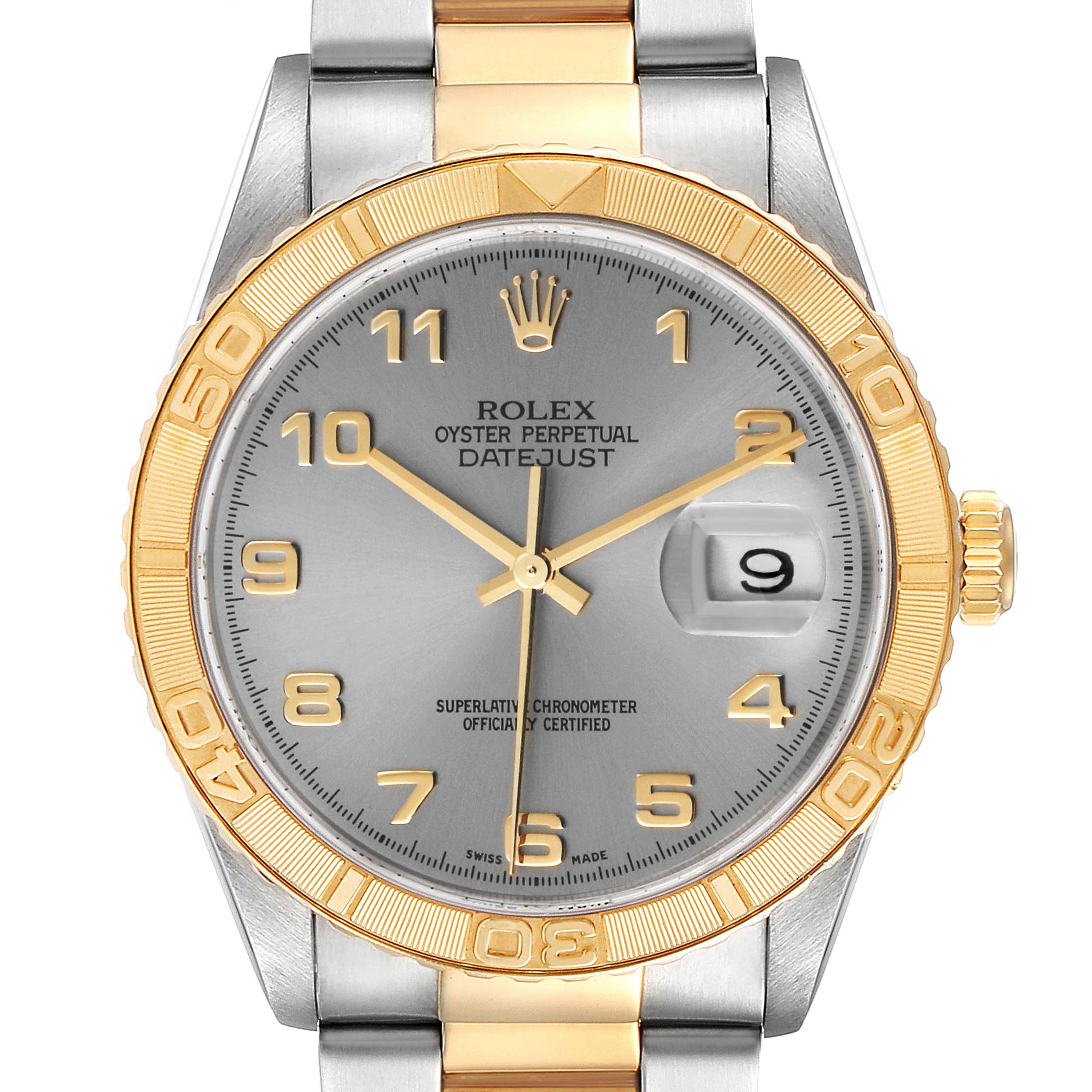 This image shows a front view of the Rolex Turn-o-Graph 16263 Men's Steel and Gold (two tone) Grey Dial 16263 Men's Steel and Gold (two tone) Grey Dial watch, featuring a gold and silver bezel, bracelet, and date window.