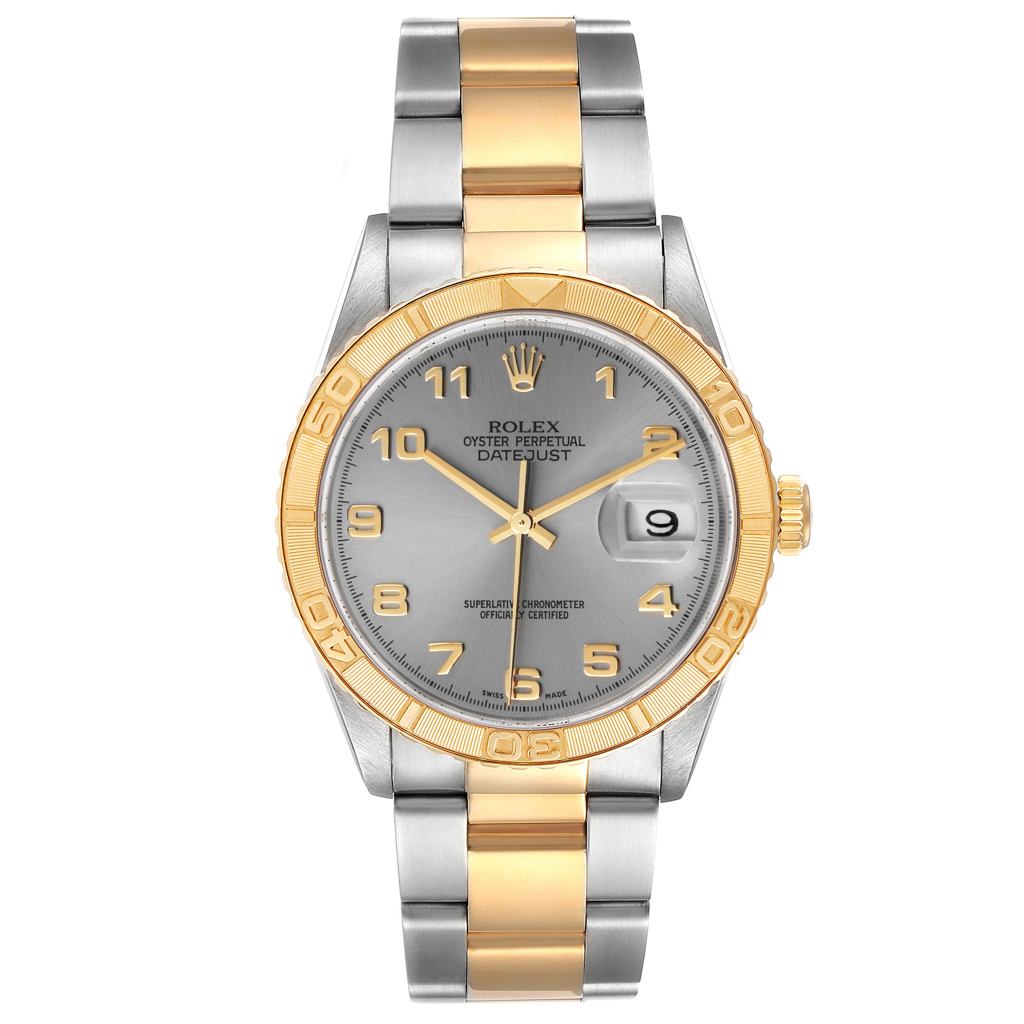 This image shows a front view of a Rolex Turn-o-Graph 16263 Men's Steel and Gold (two tone) Grey Dial 16263 Men's Steel and Gold (two tone) Grey Dial watch, highlighting its two-tone bracelet, date window, and gold-tone bezel.