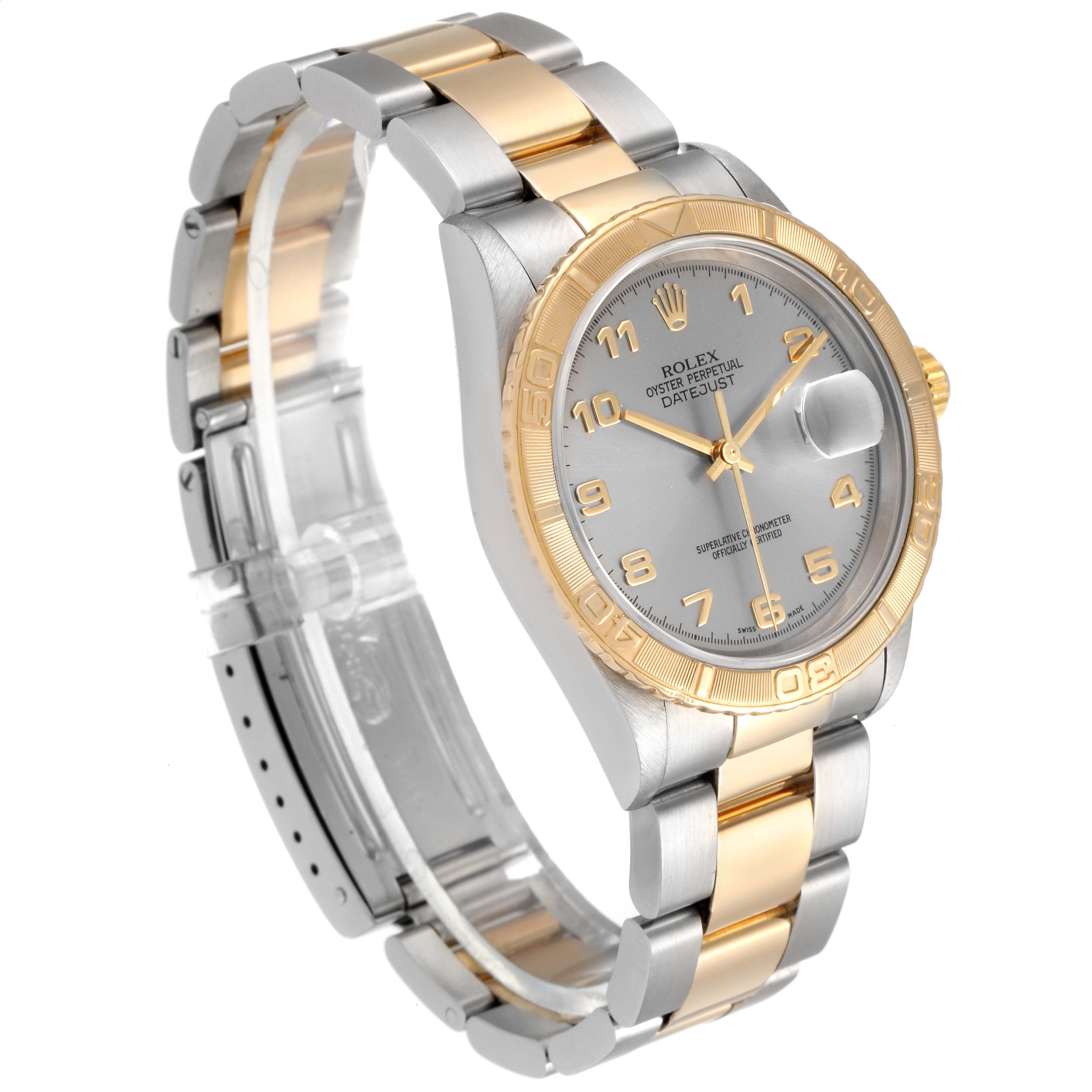 The image shows a side angle view of a Rolex Turn-o-Graph 16263 Men's Steel and Gold (two tone) Grey Dial 16263 Men's Steel and Gold (two tone) Grey Dial watch, highlighting its two-tone bracelet and face.