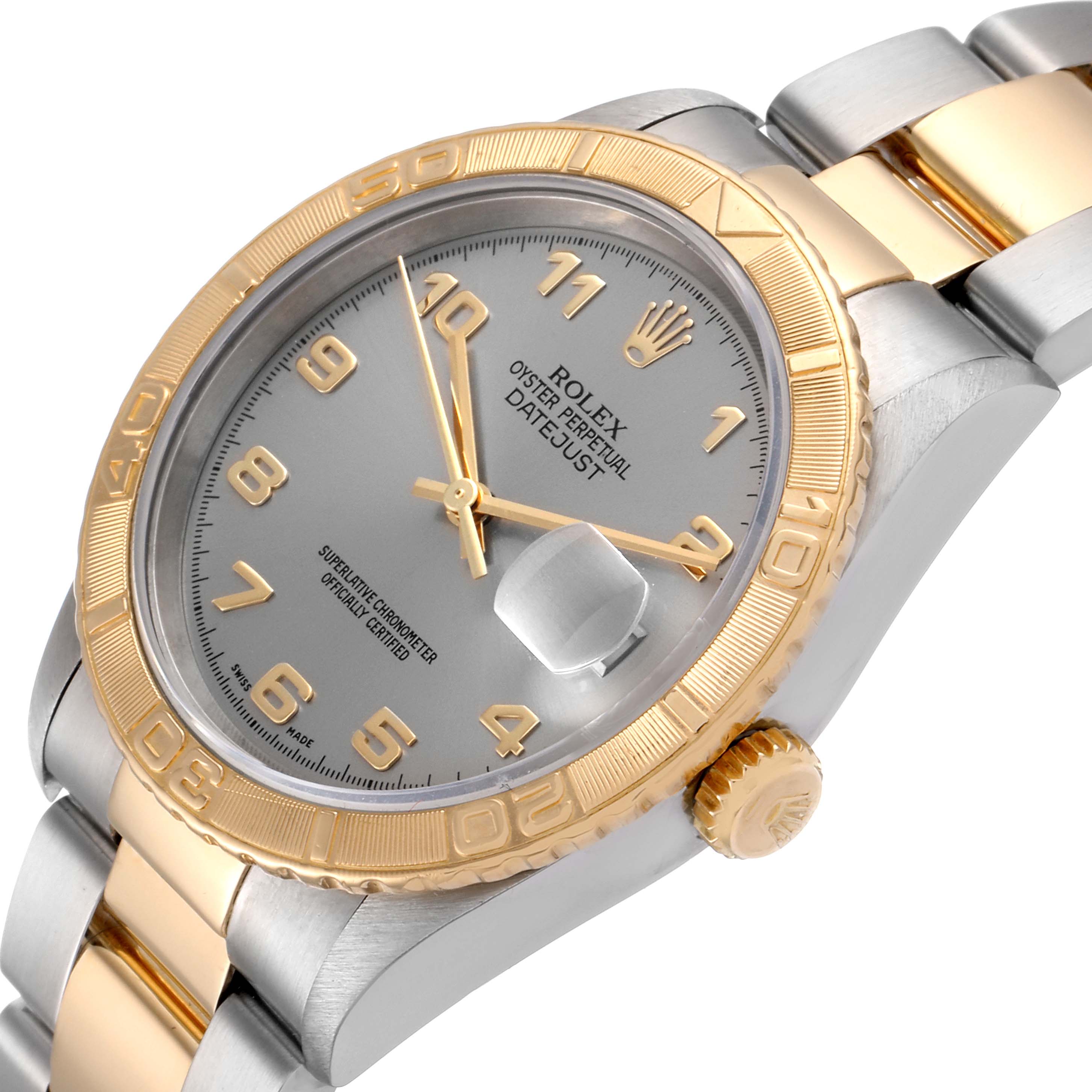 The Rolex Turn-o-Graph 16263 Men's Steel and Gold (two tone) Grey Dial 16263 Men's Steel and Gold (two tone) Grey Dial watch is shown at an angled close-up, displaying the face, bezel, crown, and part of the bracelet.